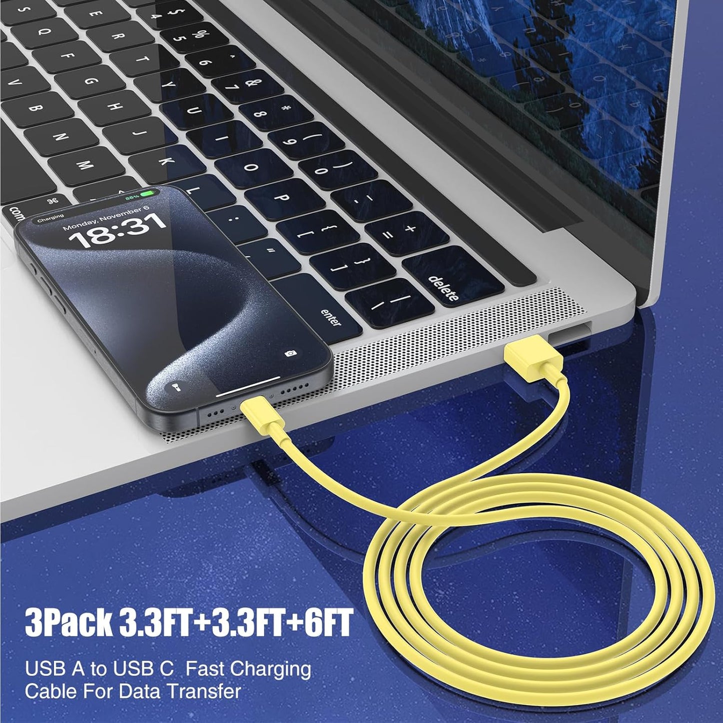 3-Pack Yellow [3.3FT+3.3FT+6FT] USB A to USB C Cable，USB to USB C Car Carplay Cable for iPhone 16 15 Pro Plus Pro Max，for iPad Pro/Air/Mini，for Samsung S24/S23/S22/S21，for MacBook Pro/Air and More