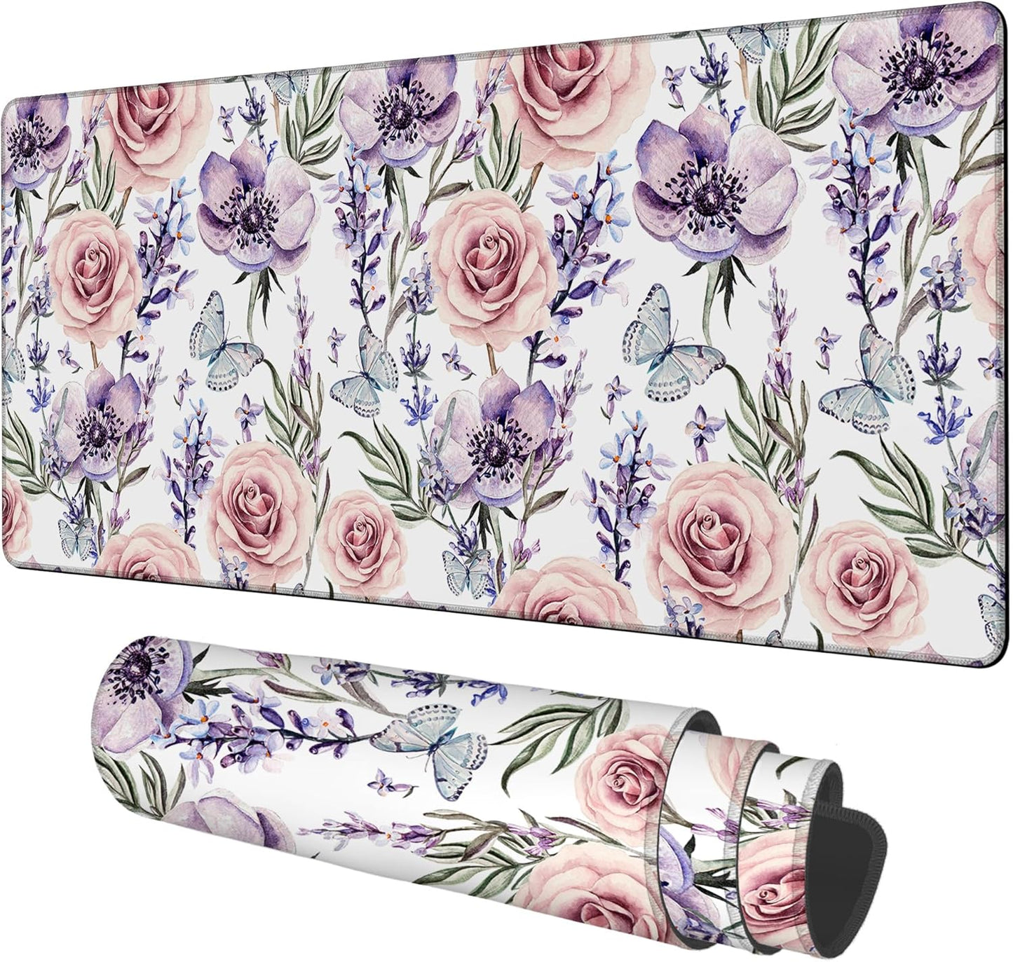 Gaming Desk Pad Large Extra Length Lavender, Roses and Anemone Mouse Pad Keyboard Laptop Non-Slip Waterproof with Rubber Base Thick Stitched Edge Mouse Mat for Office Home 35.4 x 15.7 Inches
