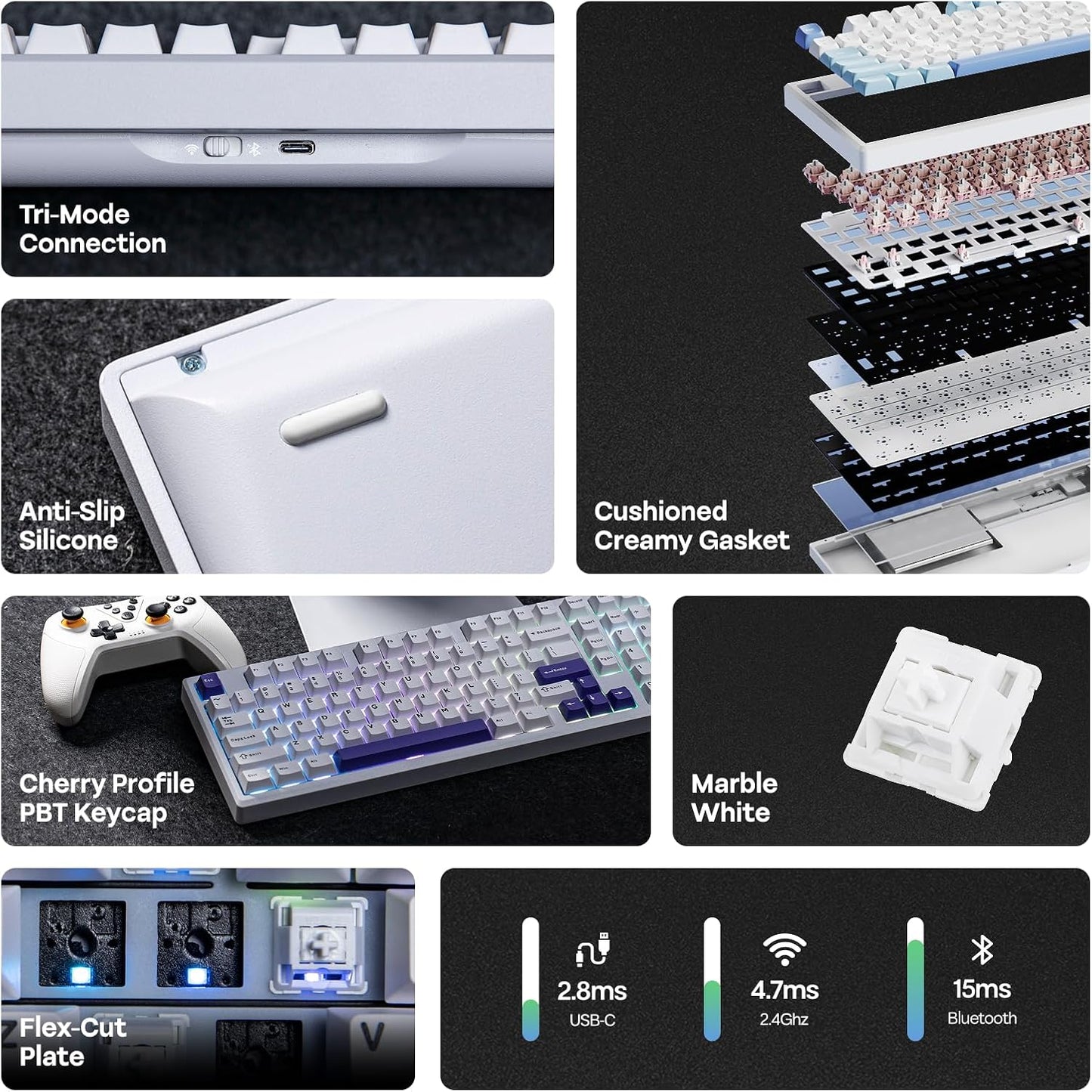 EPOMAKER Galaxy100 QMK/VIA Wireless Mechanical Keyboard with 8000mAh Battery and Numpad, CNC Aluminum, Full Size Gaming Keyboard, USB-C/BT5.0/2.4Ghz (White Purple, Marble White Switch)