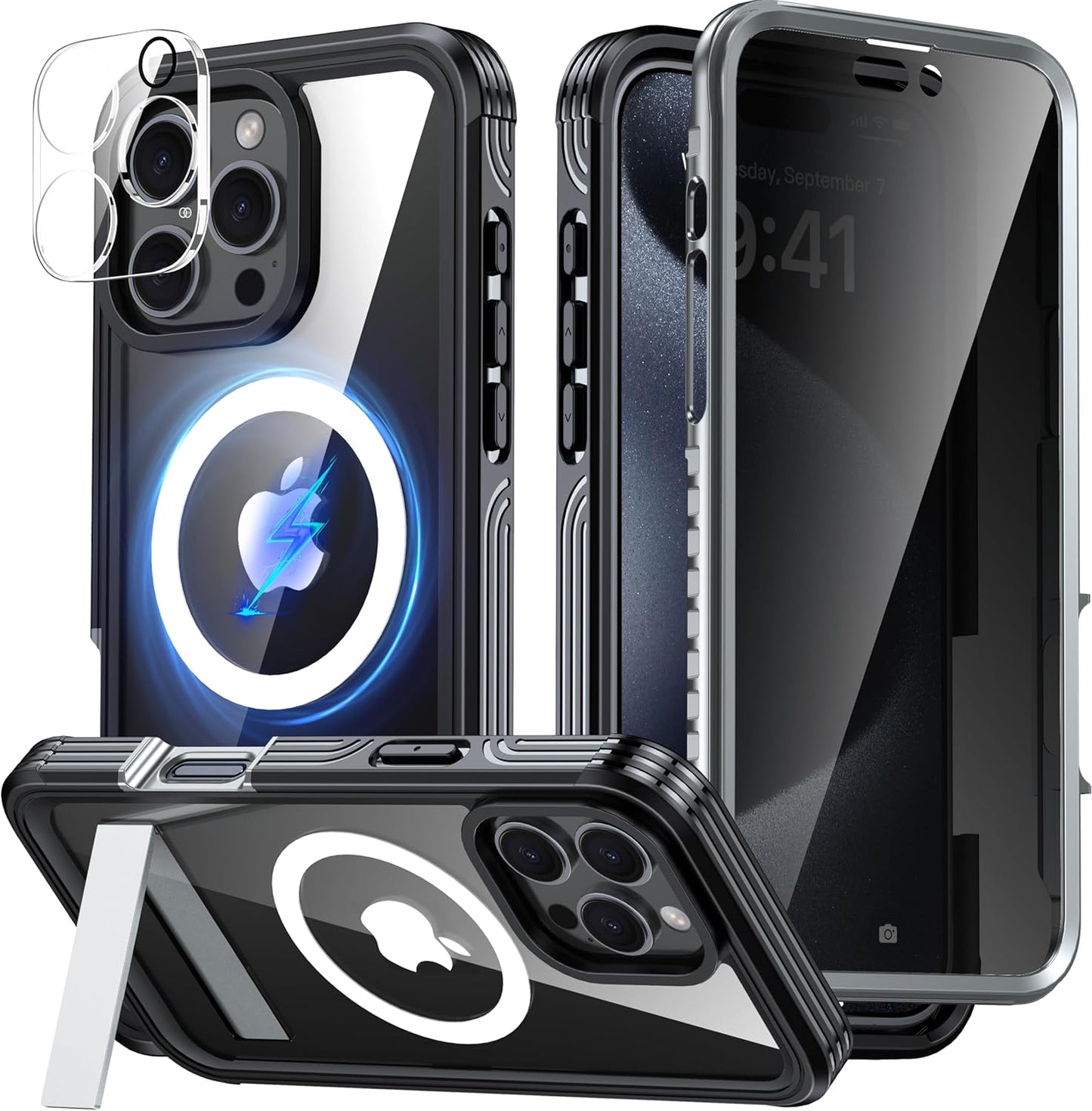360° Protection Magnetic for iPhone 16 Pro Case Built-in 9H Privacy Screen Protector & Metal Stand[Fit for Magsafe][Anti-Spy][Lens Protector] Heavy Duty Shockproof Phone Case for iPhone 16 Pro