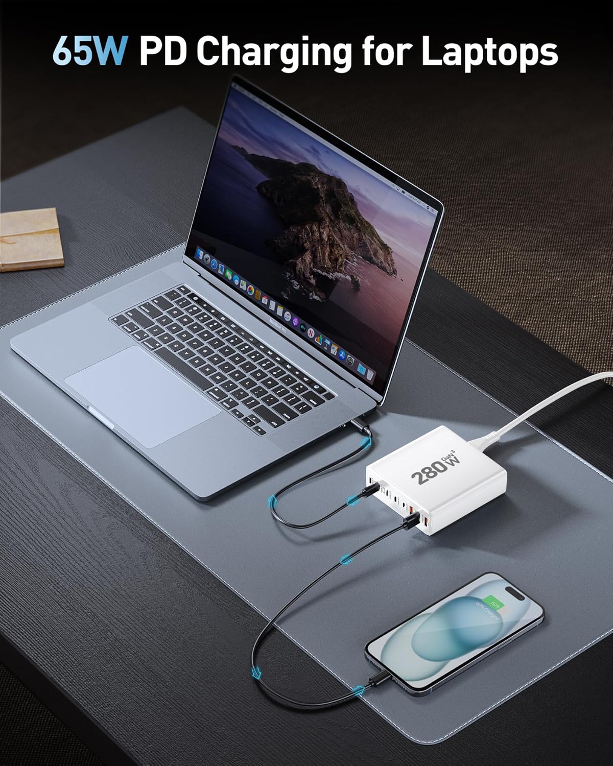 280W USB C Charger Block, 8-Port USB C Charging Station GaN III PD 65W Laptop Charger Adapter Compatible with MacBookPro/Air,DELL,iPad,Portable Charging Station for iPhone,Samsung Galaxy (White)