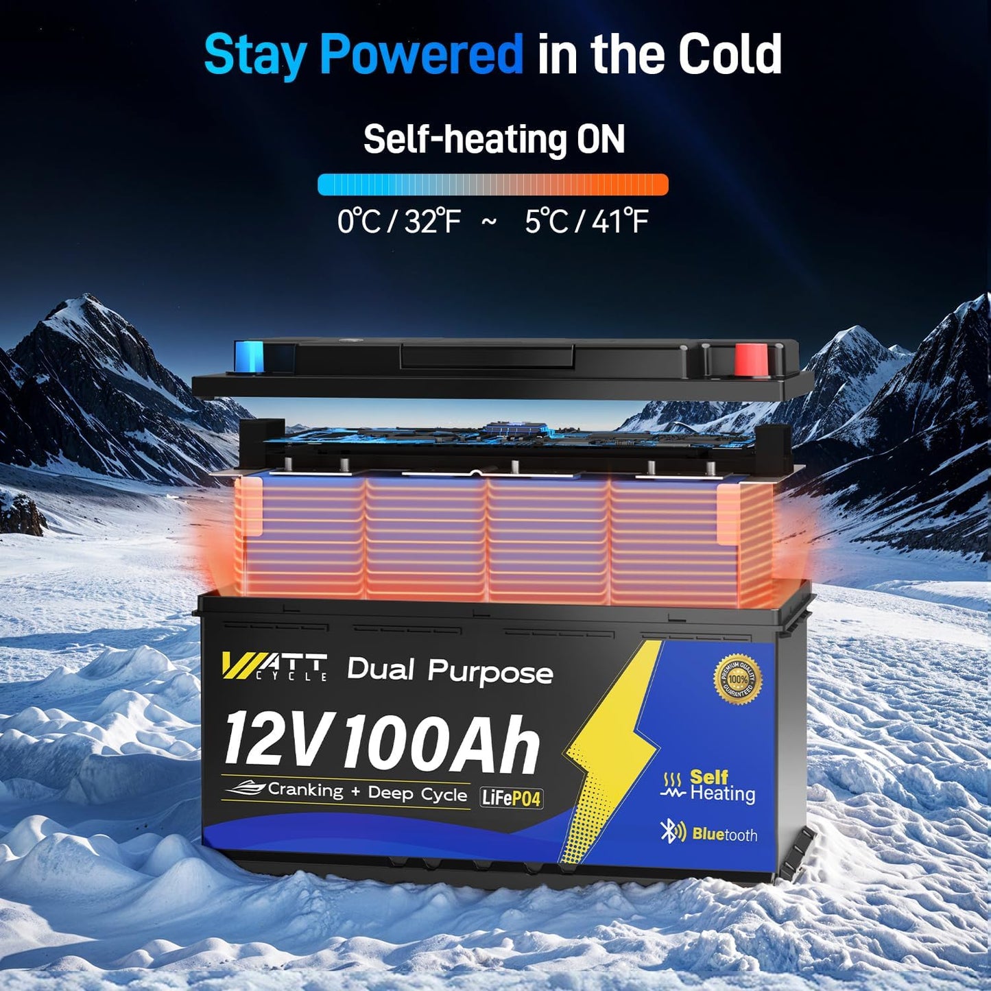 12V 100Ah Bluetooth LiFePO4 Battery, [Cranking &Deep Cycle] Lithium Battery with Self-Heating, Built-in 200A BMS, Perfect for Trolling Motor, RV, Marine, Boat(4 Pack)