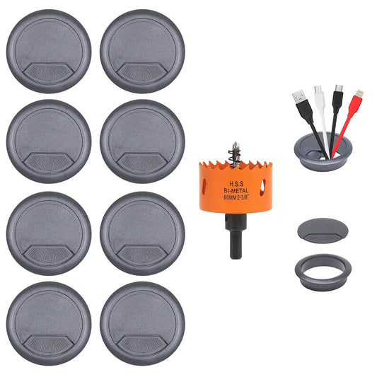 Desk Grommet 2-3/8 inch with Hole Saw, Desk Cord Hole Cover Grommet for Cables, 8 PCS, Black