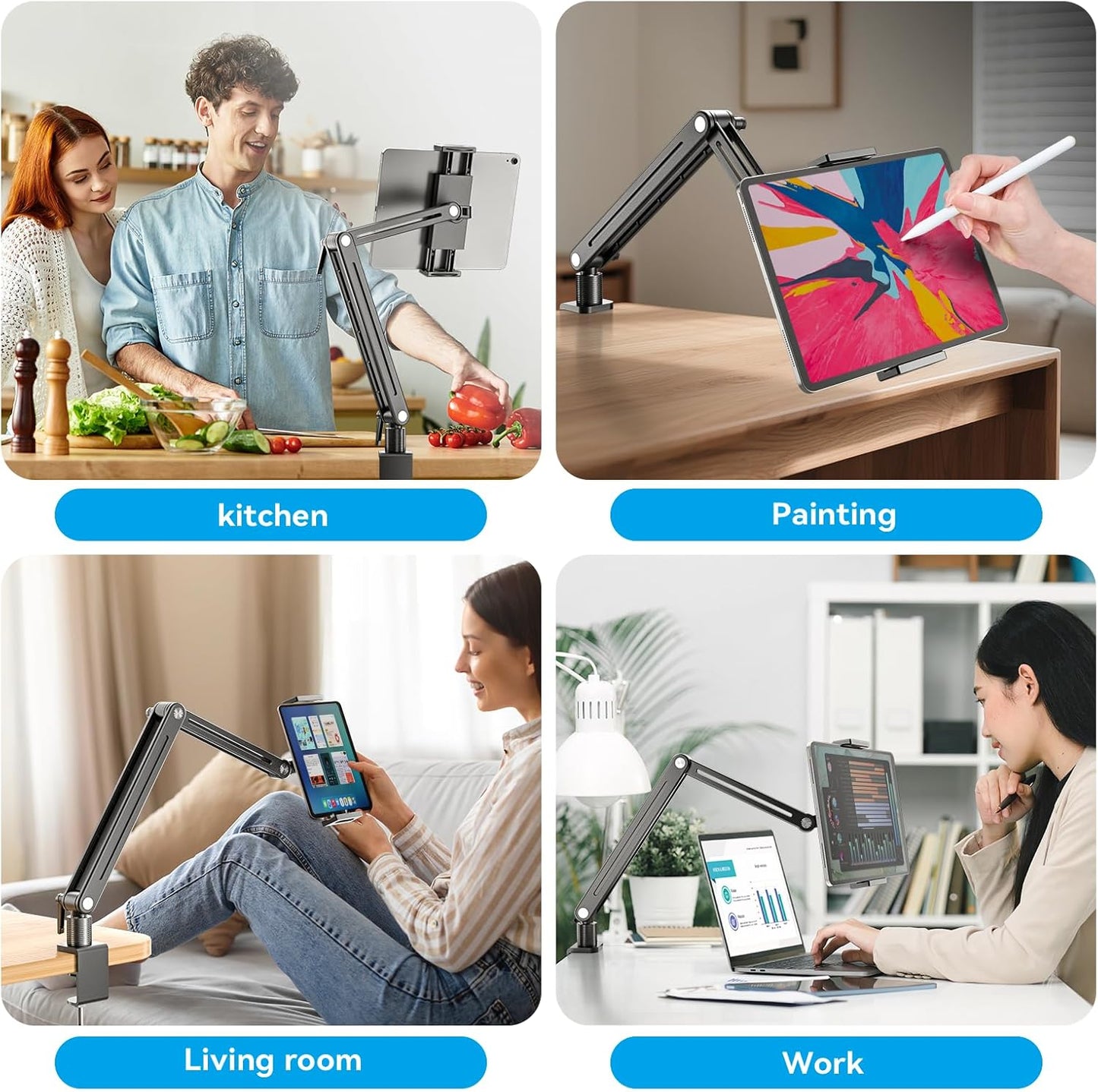 Jakeko Adjustable Tablet Mount for Desk - 360° Rotating Base Tall Arm Holder Stand for iPad Air/Pro/Mini Swivel Flexible Clamp Soporte para Tablet/Portable Monitor/Ereader
