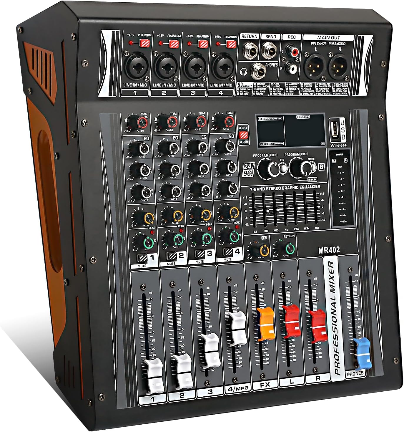 Audio Mixer 4 Channel, DJ Mixer with Power Amplifier, Audio Sound Card with 48V Phantom Power, Usb Audio Interface, Sounds Mixer Board with 99 DSP FX Reverb Delay Effect for Streaming