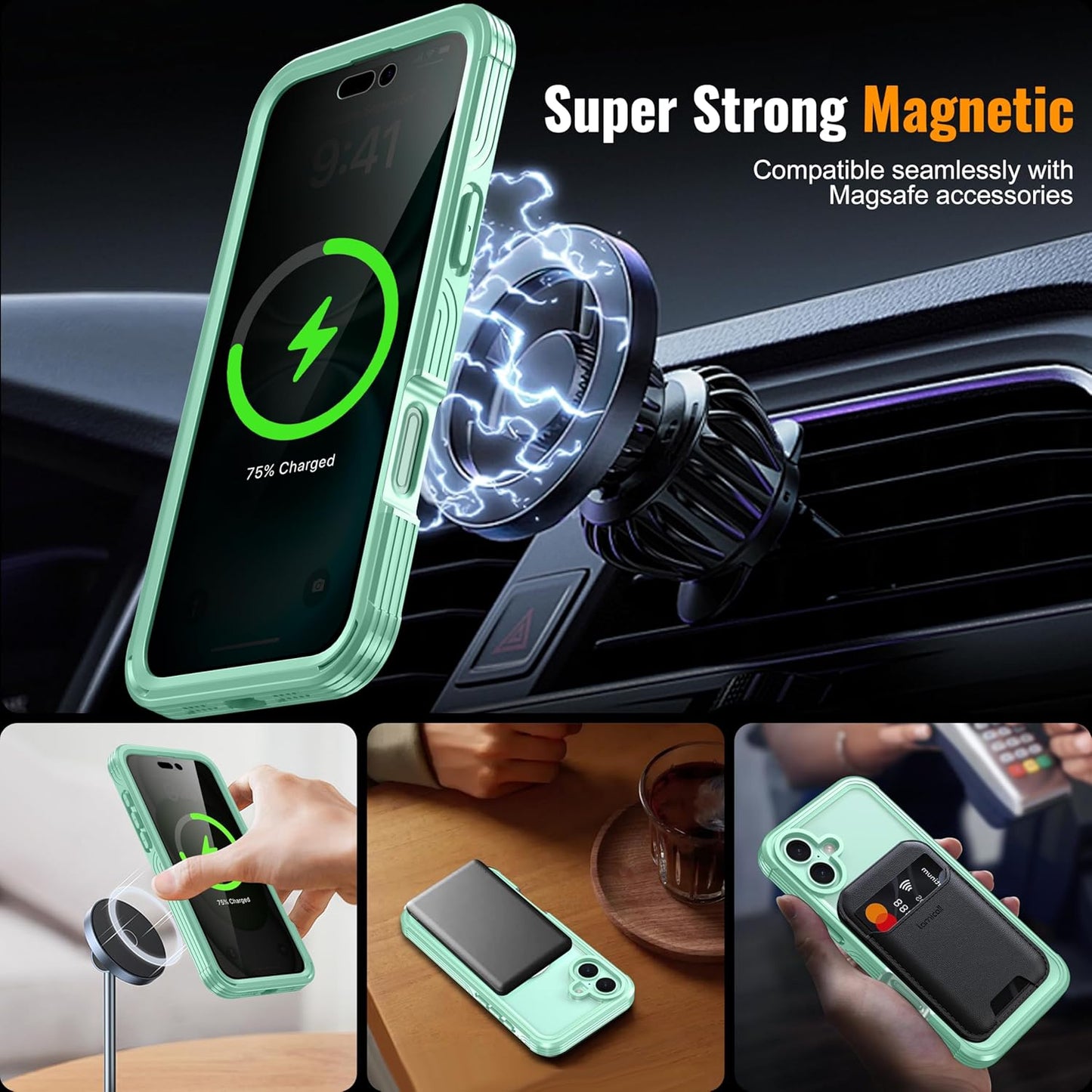 360° Protection Magnetic for iPhone 16 Case Built-in 9H Privacy Screen Protector & Metal Stand[Fit for Magsafe][Anti-Spy][Lens Protector] Heavy Duty Shockproof Phone Case for iPhone 16(Green)