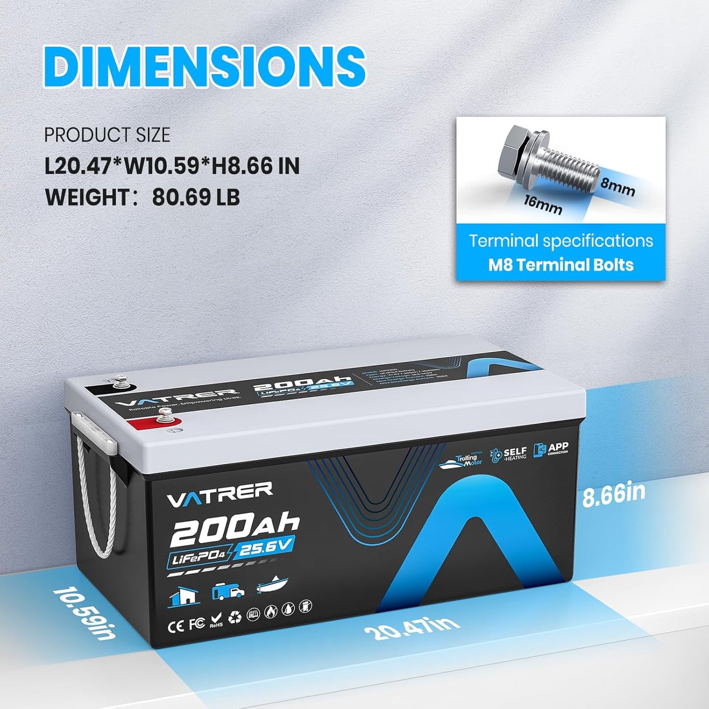 24V 200AH Bluetooth Low/High Temp Cutoff LiFePO4 Lithium Battery with Self-Heating, Built-in 200A BMS, Rechargeable Battery with 5.12kW for RV/Camper, Solar Home & Off-Grid Setup, Backup