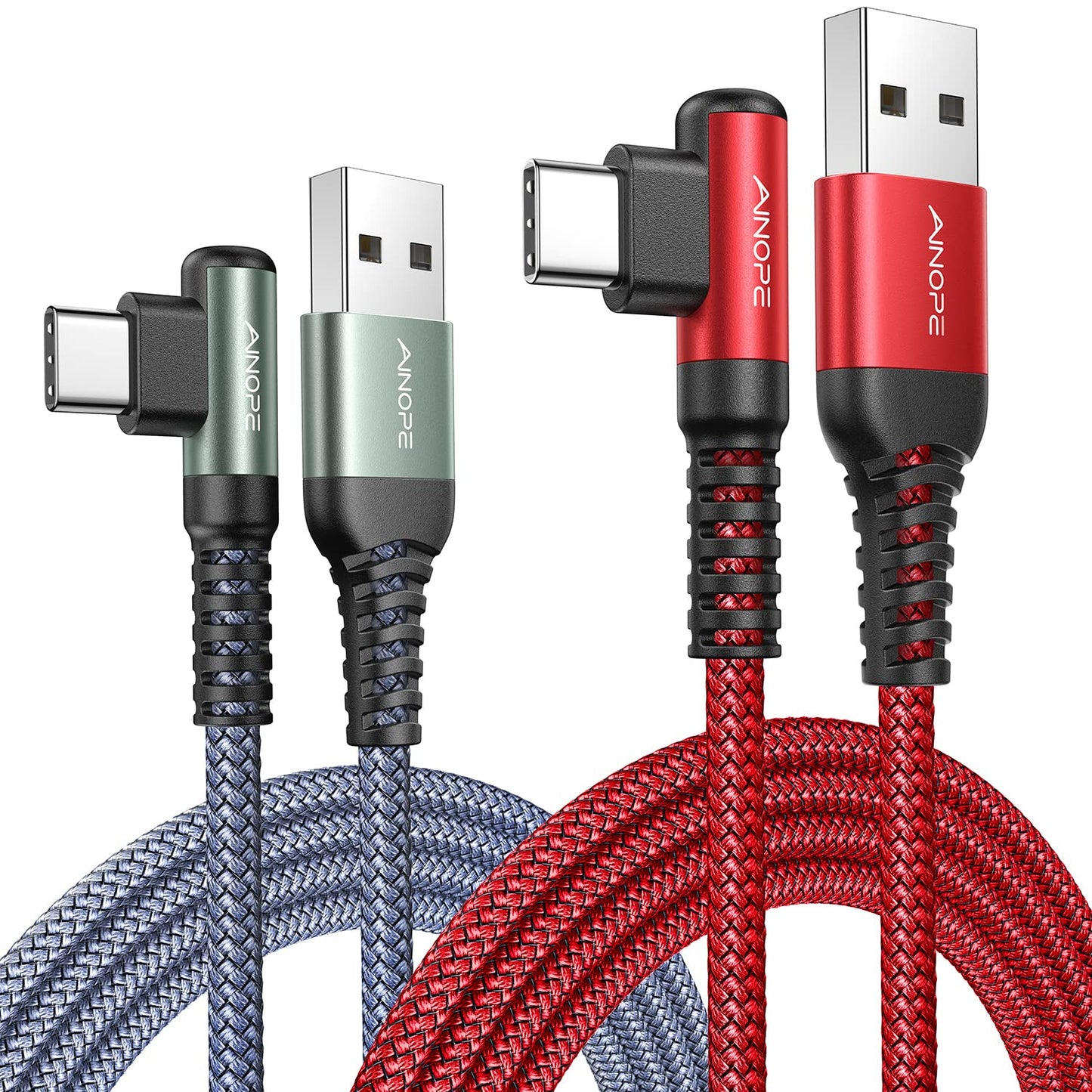 AINOPE USB Type C Cable [2-Pack, 6.6ft] 3.1A USB Fast Charge Cable Right Angle，Resistant Nylon Braided USB C Charging Cable Compatible with Galaxy S10 S9 S8 Plus S21, Note 10 9 8, V20