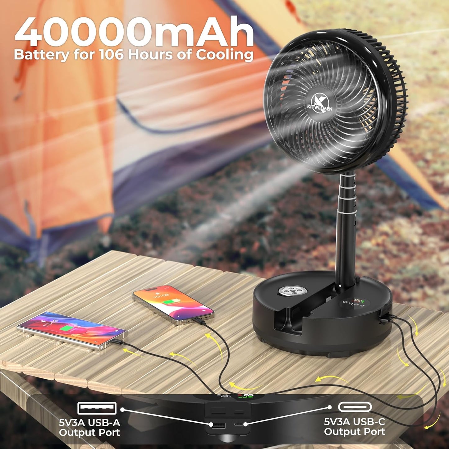 40000mAh Battery Operated Camping Fan - 106Hrs Rechargeable Oscillating Table Fan with Light & Timer, 9 Speeds Portable Travel Fan for Cruise RV Trip, Hurricane Power Outage (10" with Case)