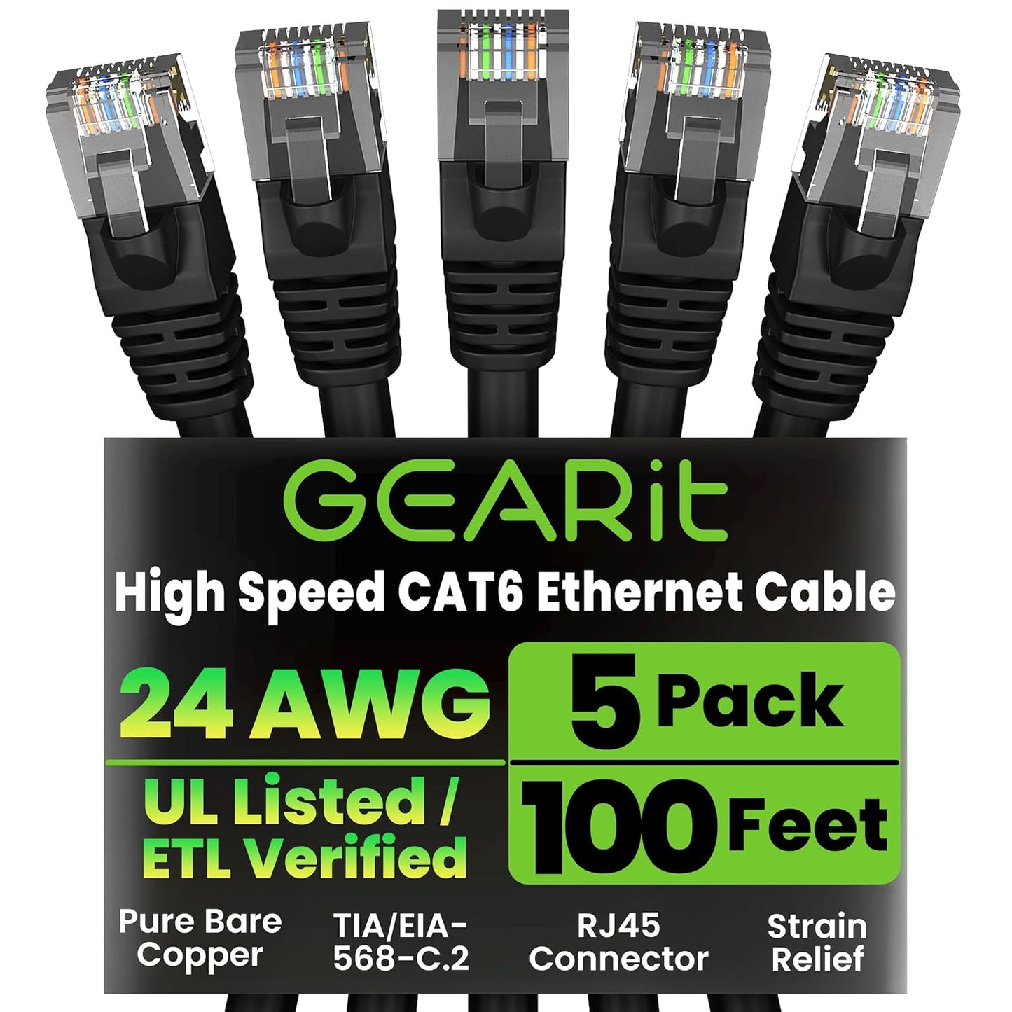 GEARit Cat 6 Ethernet Cable Pack - 5-Pack 100 ft Cat6 Ethernet Patch Cables | RJ45 Network Patch Cable, 10 Gbps Snagless Gold-Plated Connectors - Ethernet Cable Cat 6 for PC, TV, Router - Black