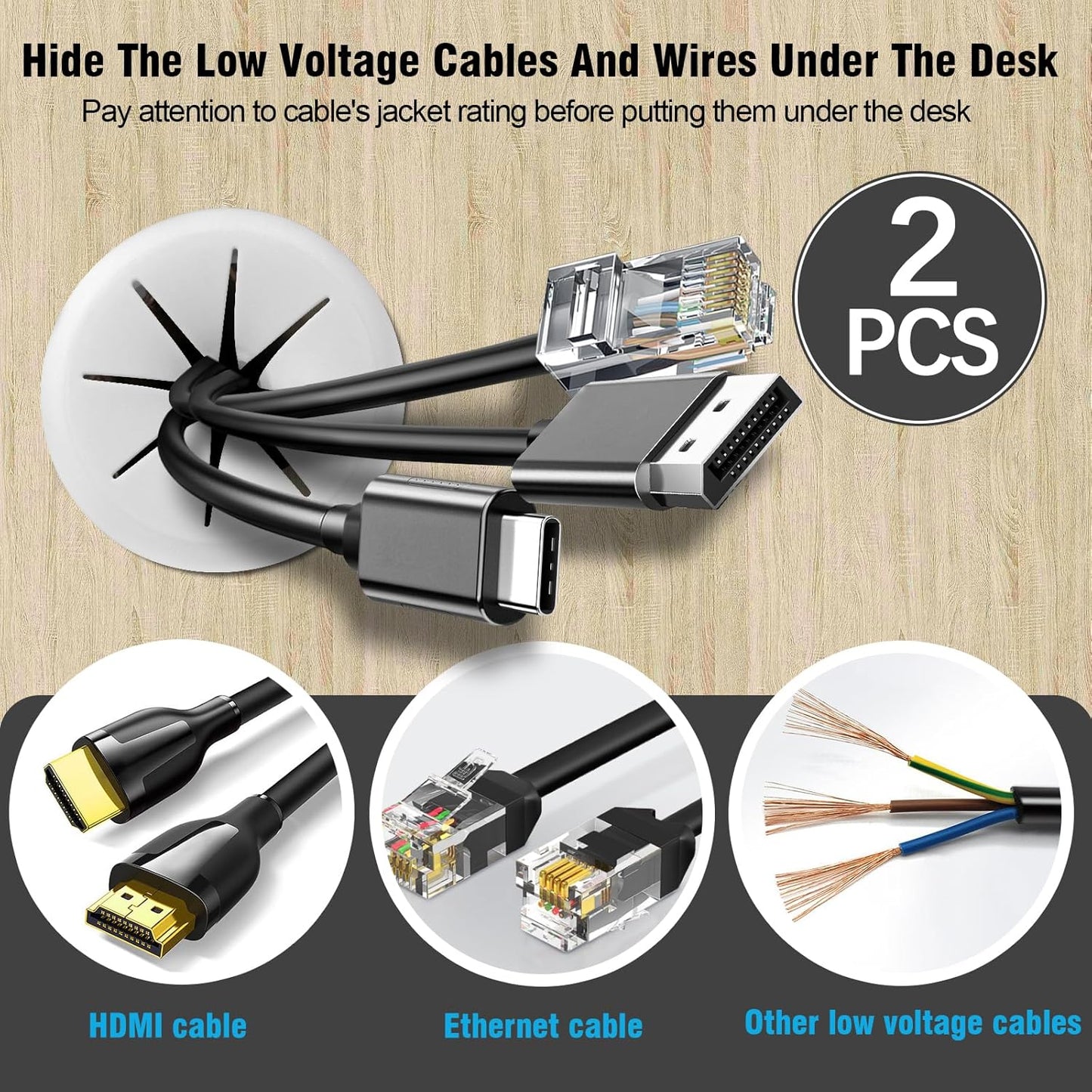 2-3/8" White Desk Grommet, JTemgle Flexible Cable Grommet Rubber Cable Hole Cover Wire Organizer Caps Desktop Cord Management for Home Office TV Stands Tabletops, 2 Pieces