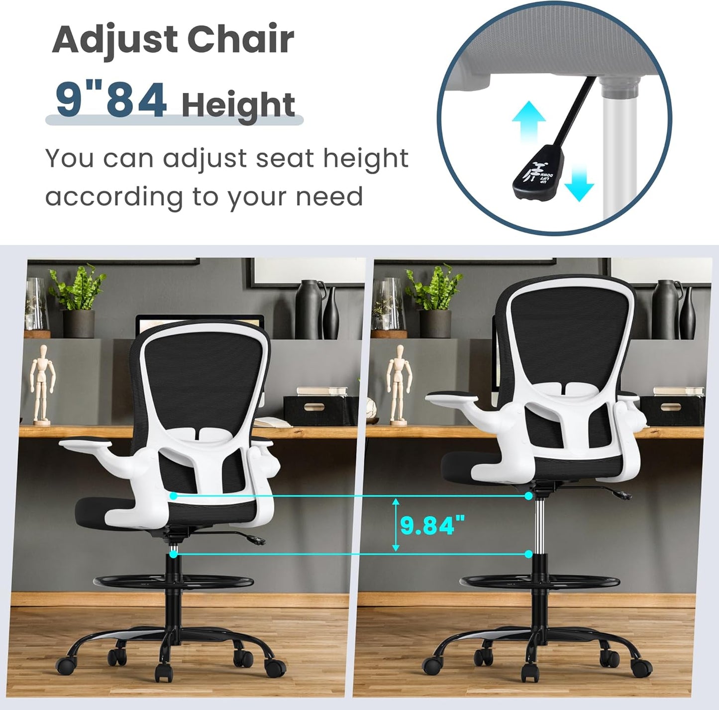 Drafting Chair, Tall Office Chair with Flip-up Armrests Executive Ergonomic Computer Standing Desk Chair, Office Drafting Chair with Lumbar Support and Adjustable Footrest Ring