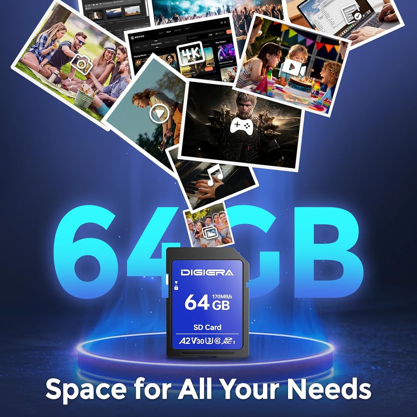 64GB LS100 SDXC UHS-I Memory Card - up to 170MB/s, C10, U3, V30, 4K UHD, SD Card for Computers, Digital Cameras, Home Theatre Devices, Car Navigation Systems (1 Pack)