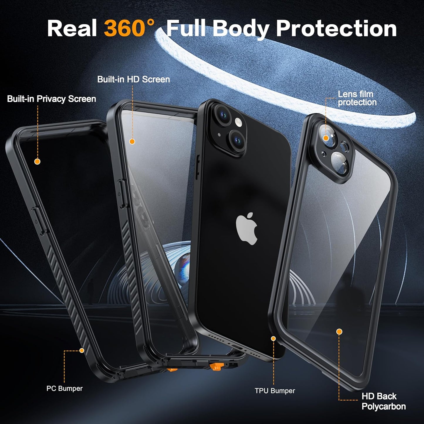 for iPhone 15 Plus Case Waterproof - Built-in Privacy Screen Protector & HD Screen Protector [IP68 Underwater] Shockproof Dustproof Full Body Protection iPhone 15 Plus Phone Case Black
