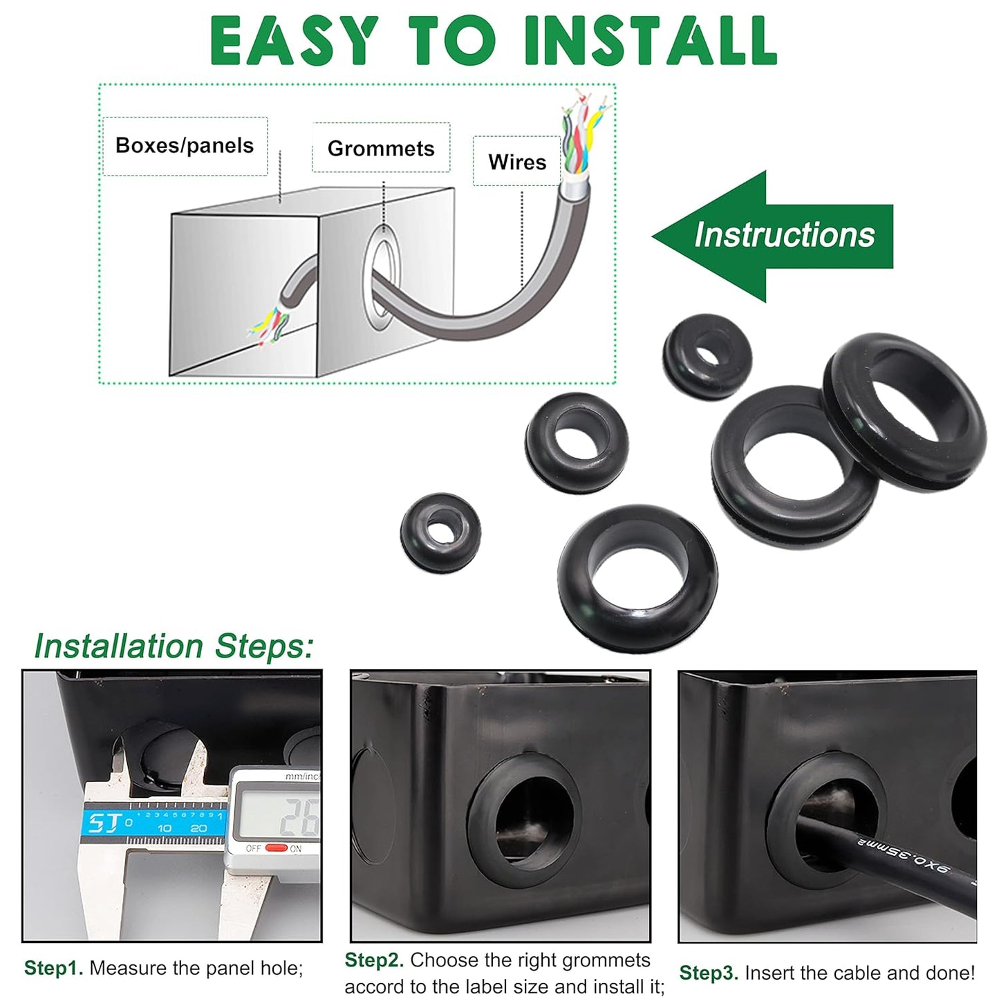 110 Pcs Rubber Grommets for Wiring - Rubber Grommet Assortment Kit 6 Sizes 5/16 3/8 1/2 5/8 7/8 1 Inch, Cable Hole Plug Firewall Automotive Wire Grommets Set for Sheet Metal, Hardware Repair