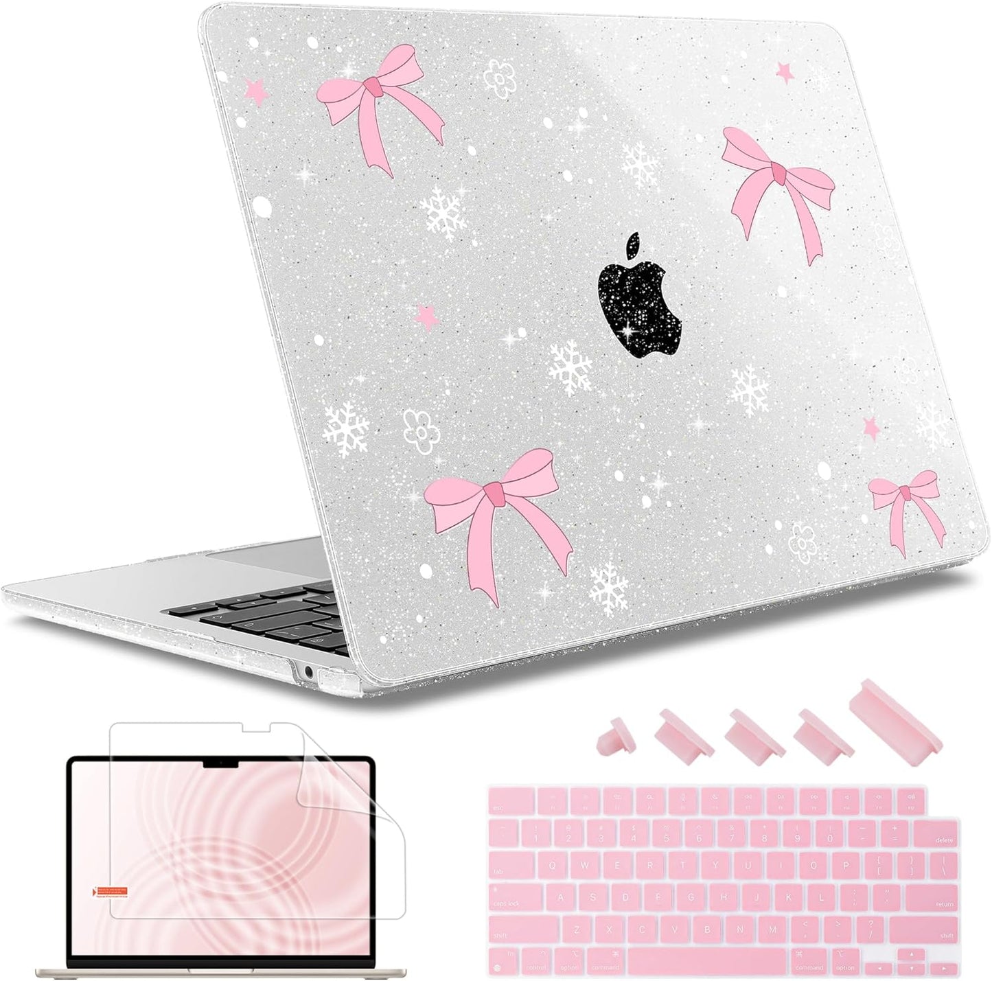 May Chen for MacBook Air 13.6 inch Case A3240 M4 A3113 M3 A2681 M2 with Retina Dispaly, 2025 2024 2023 2022 Release, Plastic Hard Shell Case with Screen Protector & Keyboard Cover, Snowflake Bow
