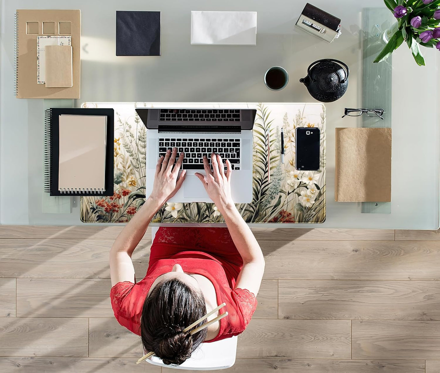 Beige Aesthetic Sage Desk Mat Cute Watercolor Flowers Mouse Pad Desk Pad, XXL Large Extended Gaming Anime Mousepad Big Keyboard Mouse Mat, Home Office Desktop Decor Deskpad for Women 31.5x15.75 in