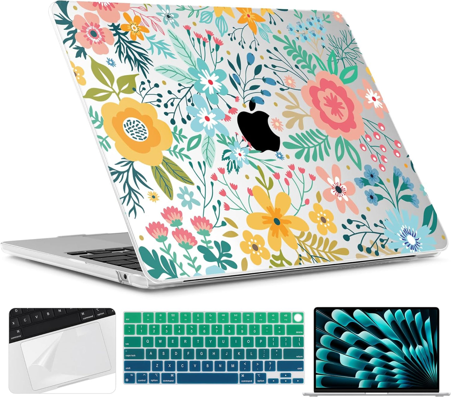 TWOLSKOO Compatible with M4 MacBook Air 15 inch Case 2025-2023 Released Model M4 A3241 M3 A3114 M2 A2941, Plastic Hard Shell & Screen Protector & Keyboard Cover & Trackpad Film, Abstract Flower