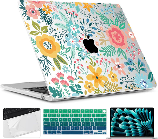 TWOLSKOO Compatible with M4 MacBook Air 15 inch Case 2025-2023 Released Model M4 A3241 M3 A3114 M2 A2941, Plastic Hard Shell & Screen Protector & Keyboard Cover & Trackpad Film, Abstract Flower