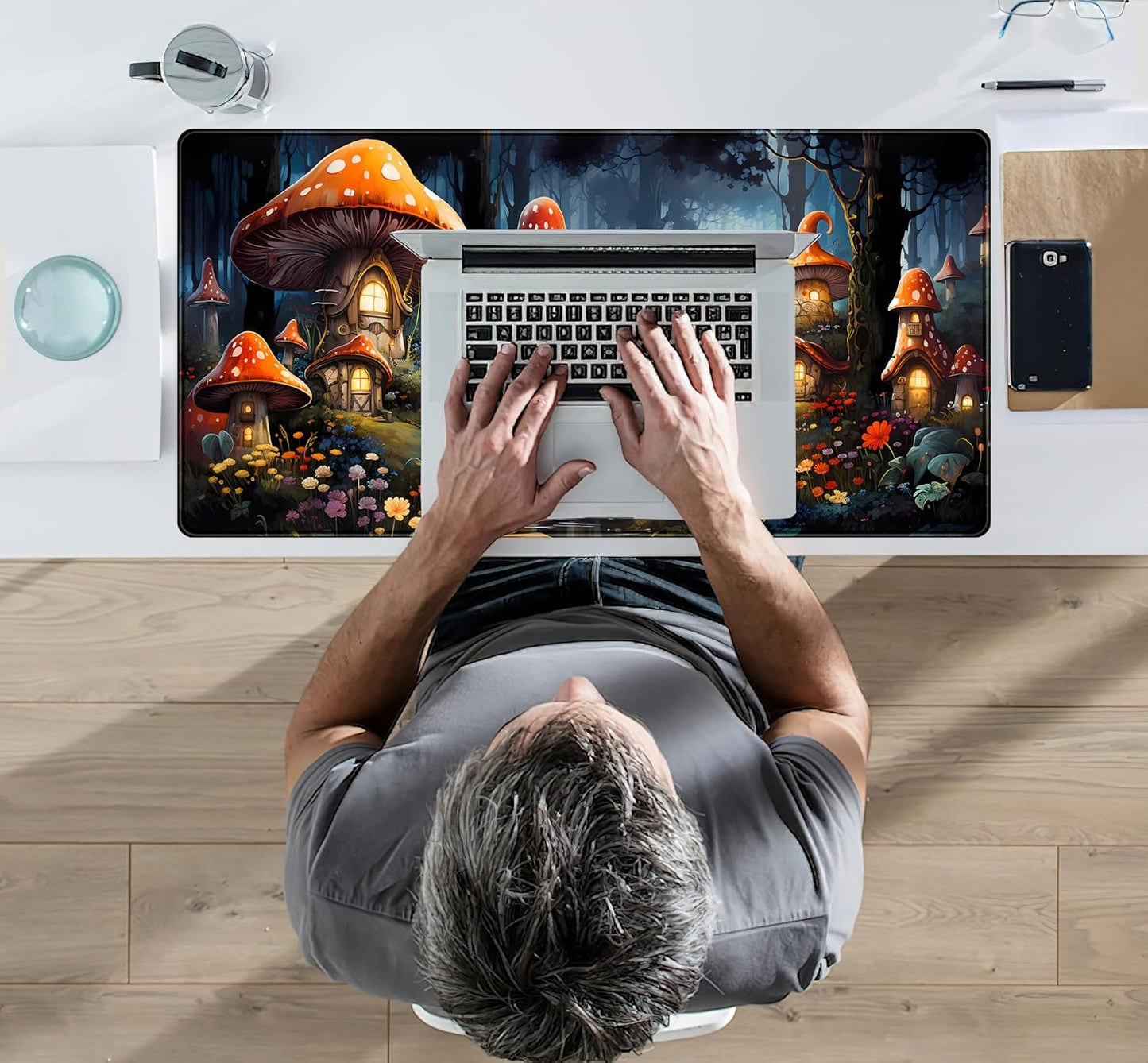 Cute Anime Mushroom Desk Pad Floral Desk Mat, XXL Large Extended Mousepad Gaming Mouse Pad Computer Mat with Stitched Edges, Fantasy Office Decor Laptop Keyboard and Mouse Mat, 31.5x15.75 in