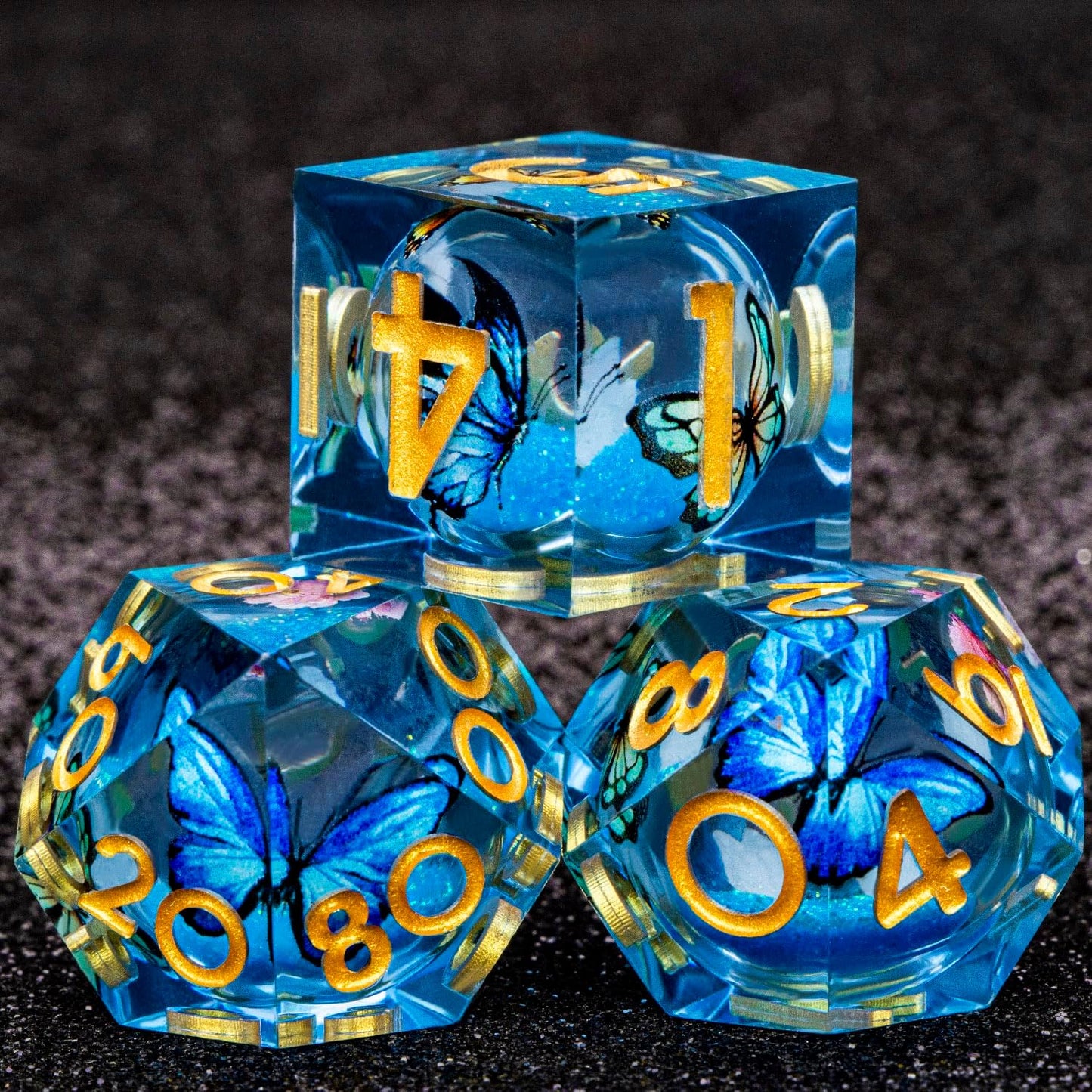 Butterfly DND Dice Blue Liquid Core Dice Set with Metal Box, Handmade Sharp Edge D and D Polyhedral Dice for use with D&D Role Playing Game, D20 D12 D10 D8 D6