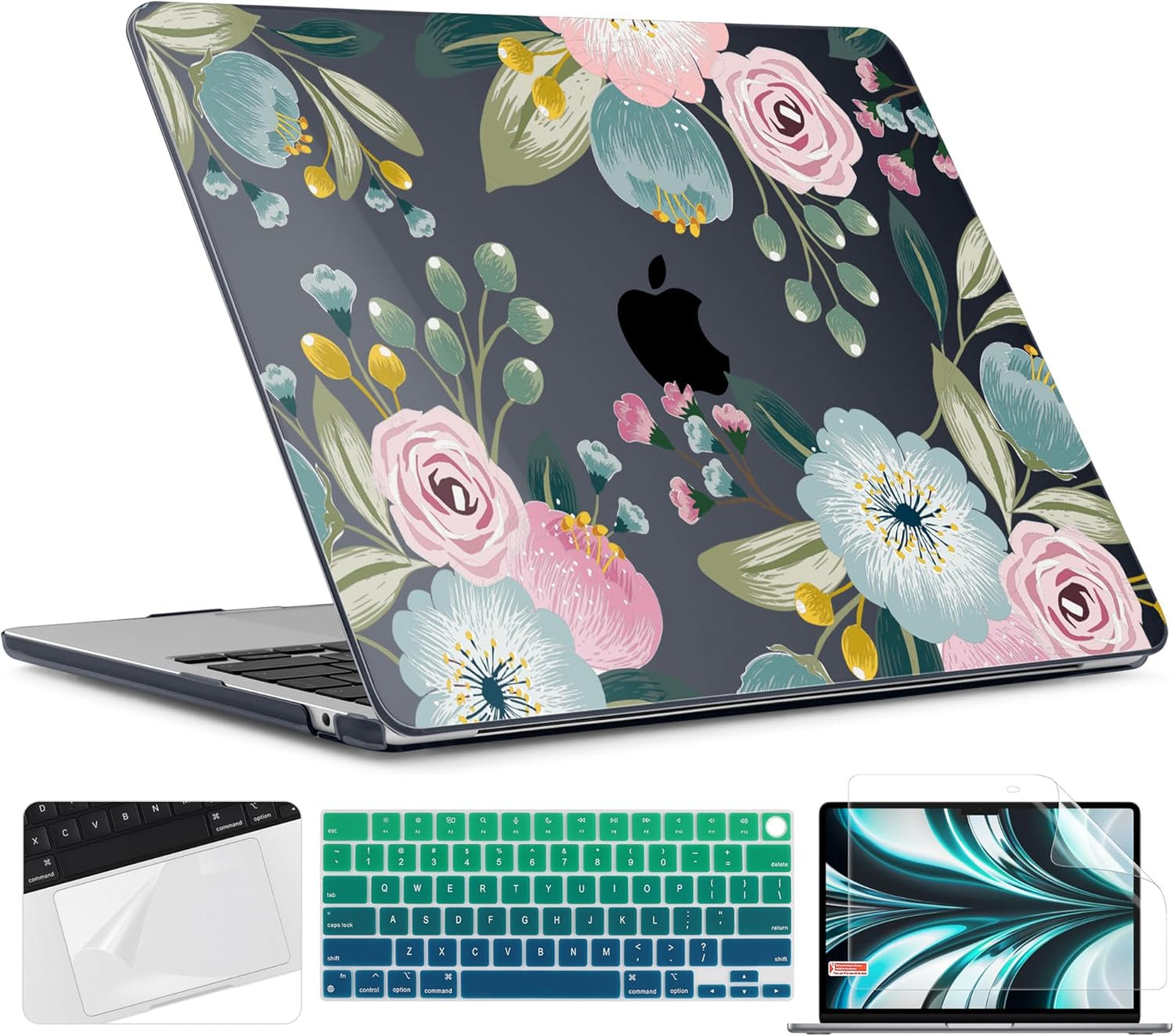 TWOLSKOO for M4 MacBook Air 13.6 inch Case 2025-2022 Release M4 A3240 M3 A3113 M2 A2681, Plastic Hard Shell & Screen Protector & Keyboard Cover & Trackpad Film, Seamless Floral