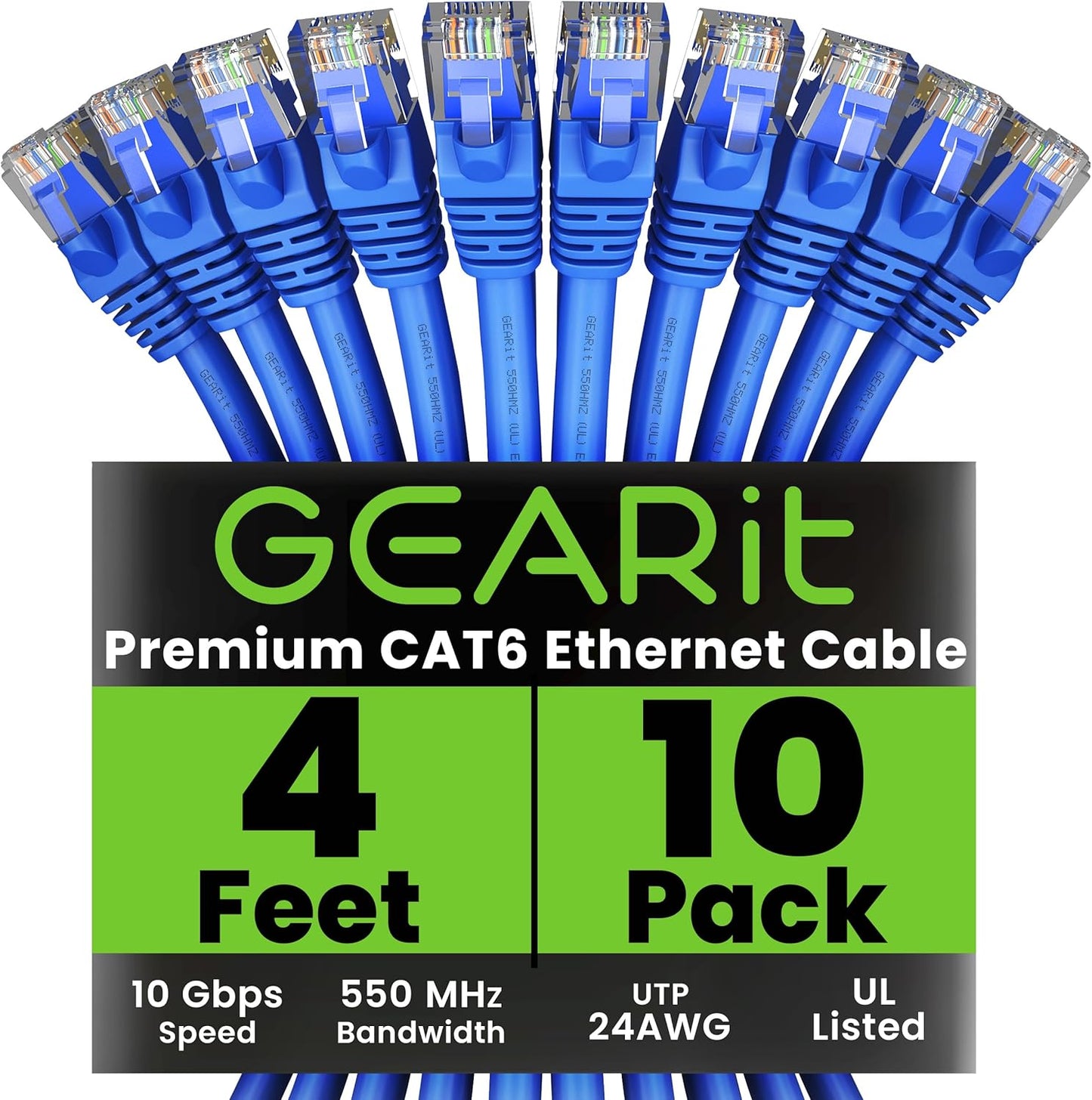 GearIT Cat 6 Ethernet Cable (10-Pack 4 Feet) Cat6 Network Patch, 10Gbps, RJ45, Snagless Cord, Gold-Plated Connectors, Internet for PC, TV, Tablet, Router, Printer, Servers, IT Data Center - Blue