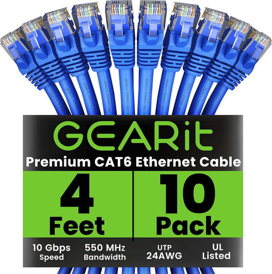 GearIT Cat 6 Ethernet Cable (10-Pack 4 Feet) Cat6 Network Patch, 10Gbps, RJ45, Snagless Cord, Gold-Plated Connectors, Internet for PC, TV, Tablet, Router, Printer, Servers, IT Data Center - Blue