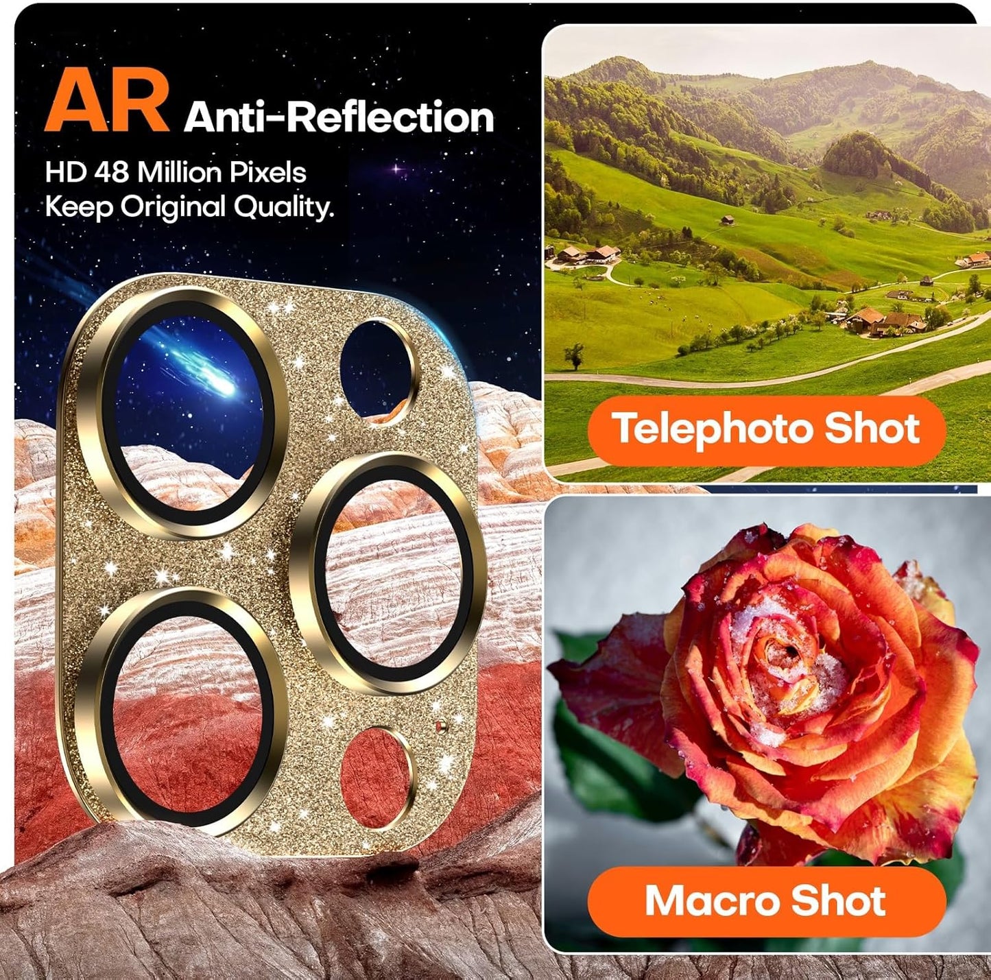 Camera Lens Protector for iPhone 16 Pro Max/16 Pro/15 Pro Max/15 Pro/14 Pro Max/14 Pro, Aluminum Alloy Sapphire Glass Camera Screen Cover, Case Friendly- Glitter Gold