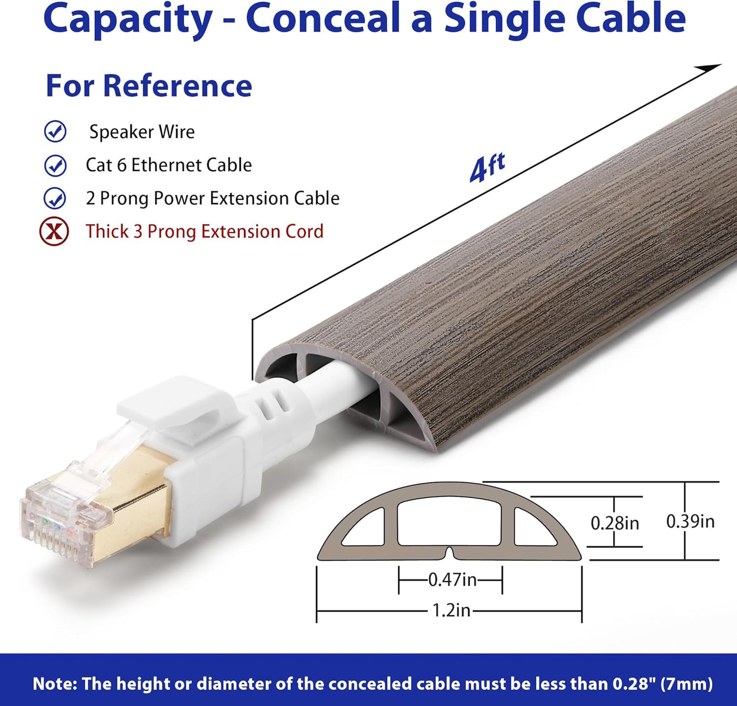 Floor Cord Cover 4ft, Cord Hider Floor Gray Wood, Cable Management Prevent Trips, Cable Cover Wire Covers for Electric Power Cords, Wire Protector Cavity W0.47in x H0.28in Grey