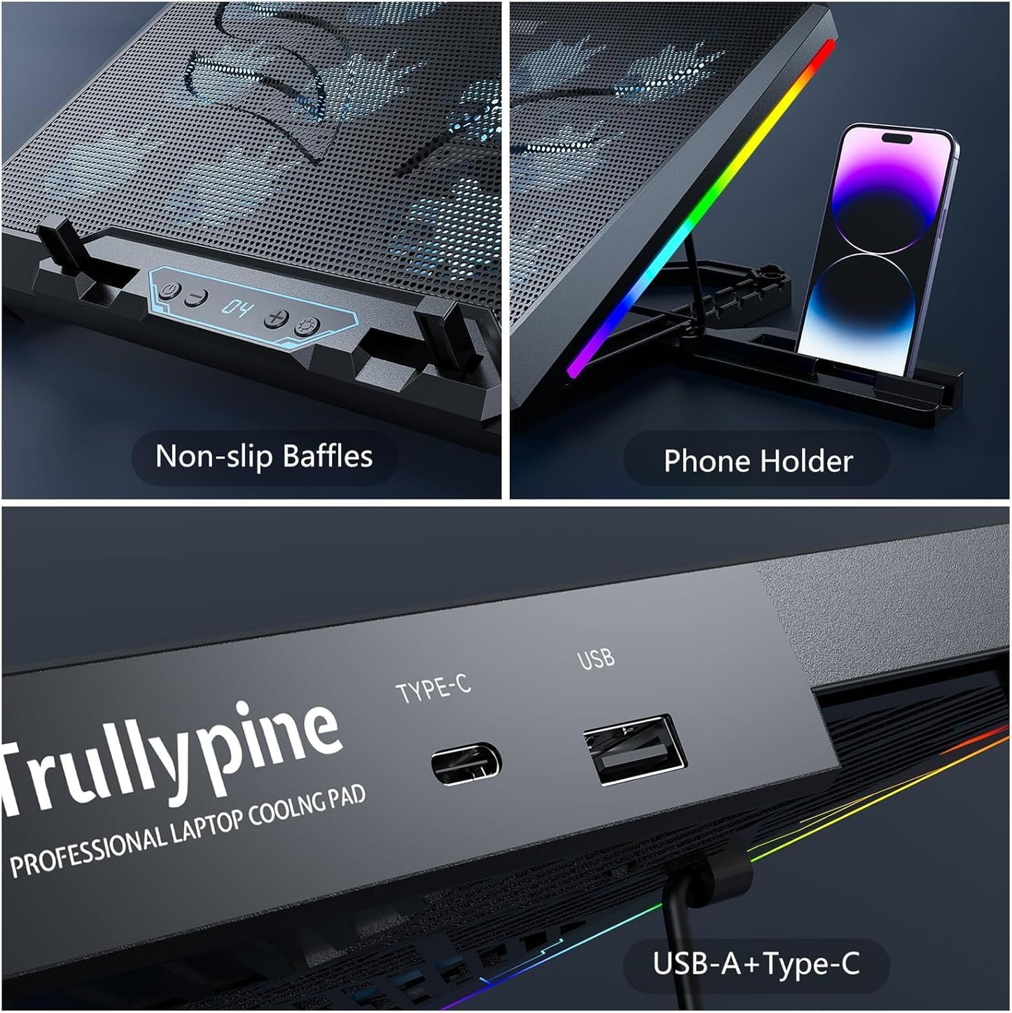 Laptop Cooling Pad with 12 Quiet Fans, Slim Portable for 12-17.3 Inch Laptop Cooler Stand, RGB Lighting, with 5 Height Adjustable, Gaming Cooling Fan Pad, USB/Type-C & Phone Holder (LCD)