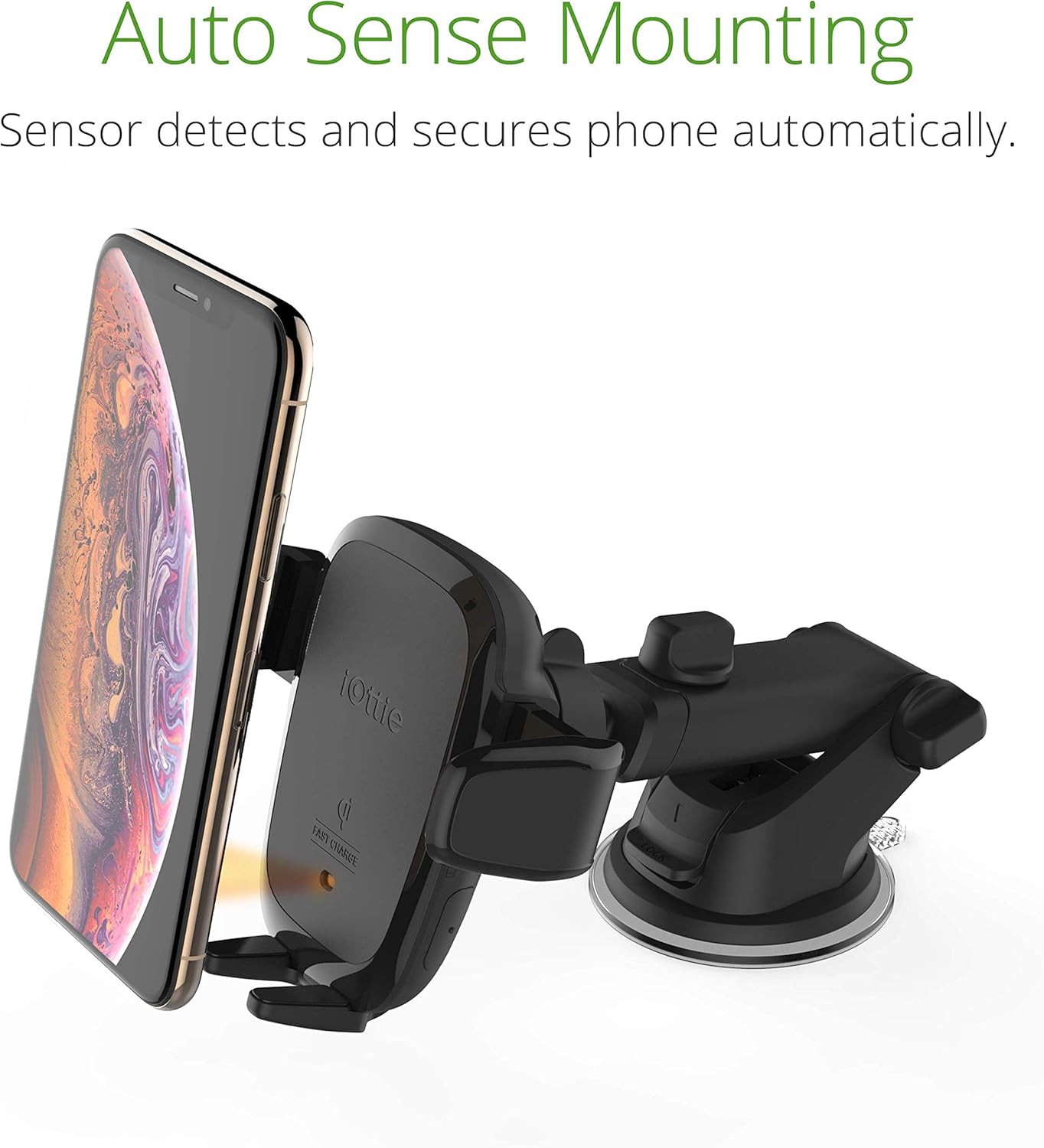 iOttie Auto Sense Qi Wireless Car Charger - Automatic Clamping Dashboard Phone Mount with Wireless Charging for Google Pixel, iPhone, Samsung Galaxy, Huawei, LG, and other Smartphones.