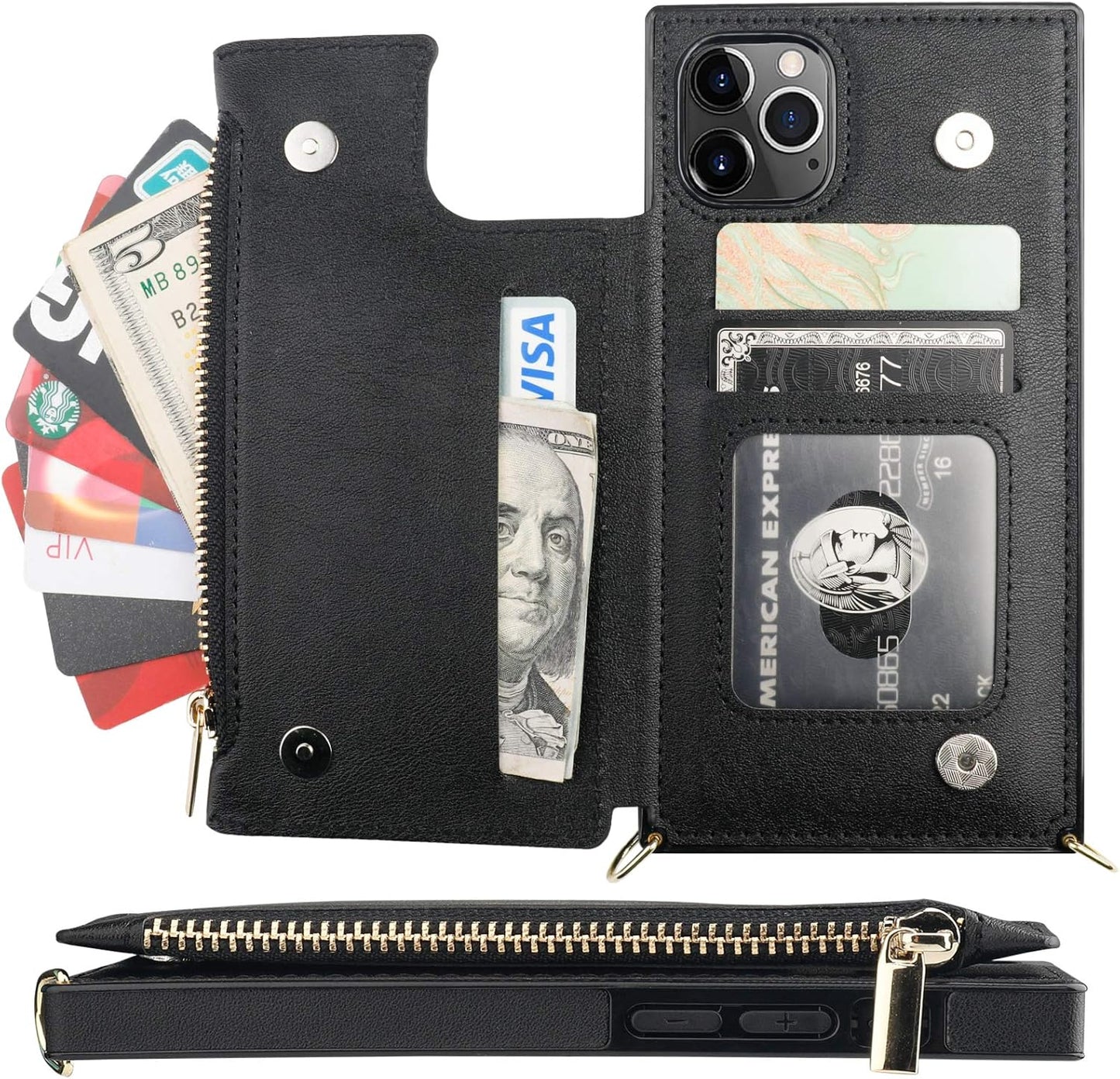 Bocasal Crossbody Wallet Case for iPhone 11 Pro with Card Holder,Zipper Card Slot Protector Shockproof Purse Cover with Removable Cross Body Strap 5.8 Inch(Black)