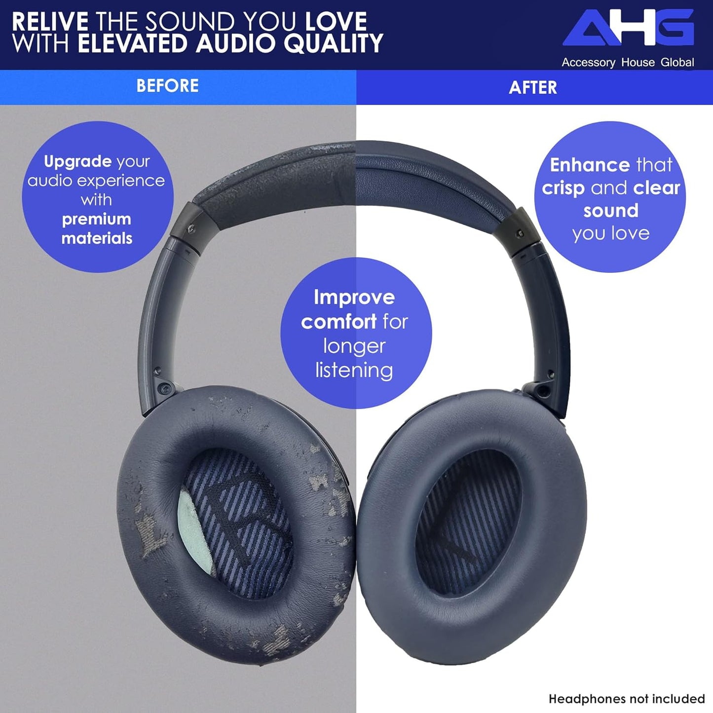 AHG QC35 earpads / QC35 ii Headband pad Cushion kit. Compatible w/Bose QuietComfort 35 ii / QC35 Headphones (MNB). Premium Headband Design | Seamless DIY Assembly | Superior Comfort and Durability