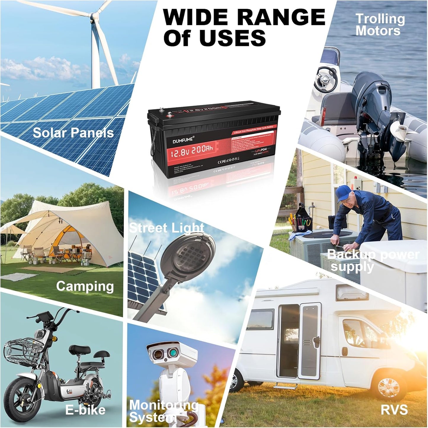 12V 200Ah LiFePO4 Lithium Battery,2560Wh Capacity,Built-in 200A BMS, 15000+ Cycles,10-Year Lifespan, Ideal for RV, Solar Energy Storage,Trolling Motor and Off-Grid Camping