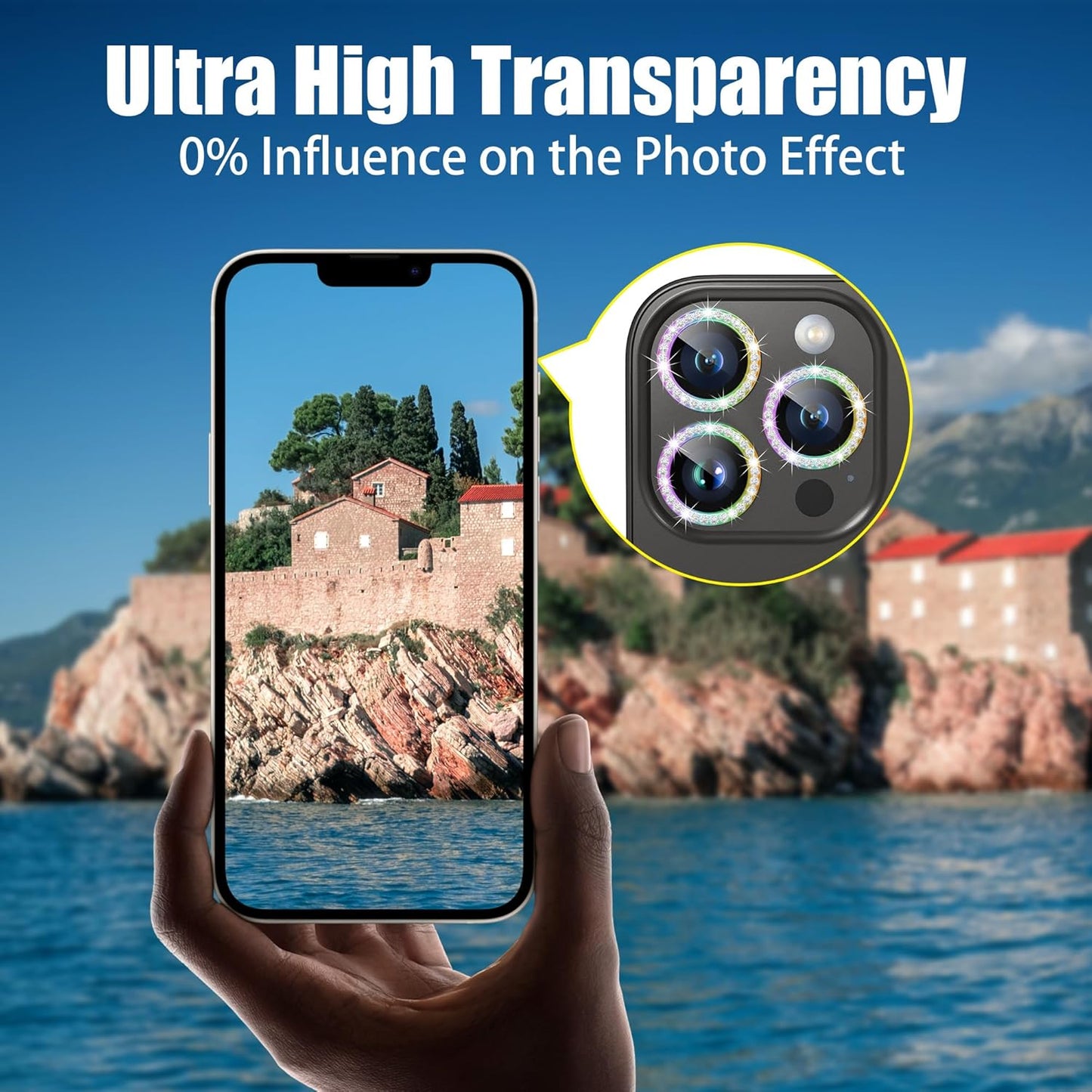 AGVEE 3+3 6 Pack for iPhone 15 Pro 6.1" / 15 Pro Max 6.7" Camera Lens Protector, Bling Diamond & Bling Glitter Metal Ring 9H Tempered HD Glass Camera Protector Cover Film, Bling-Colorful