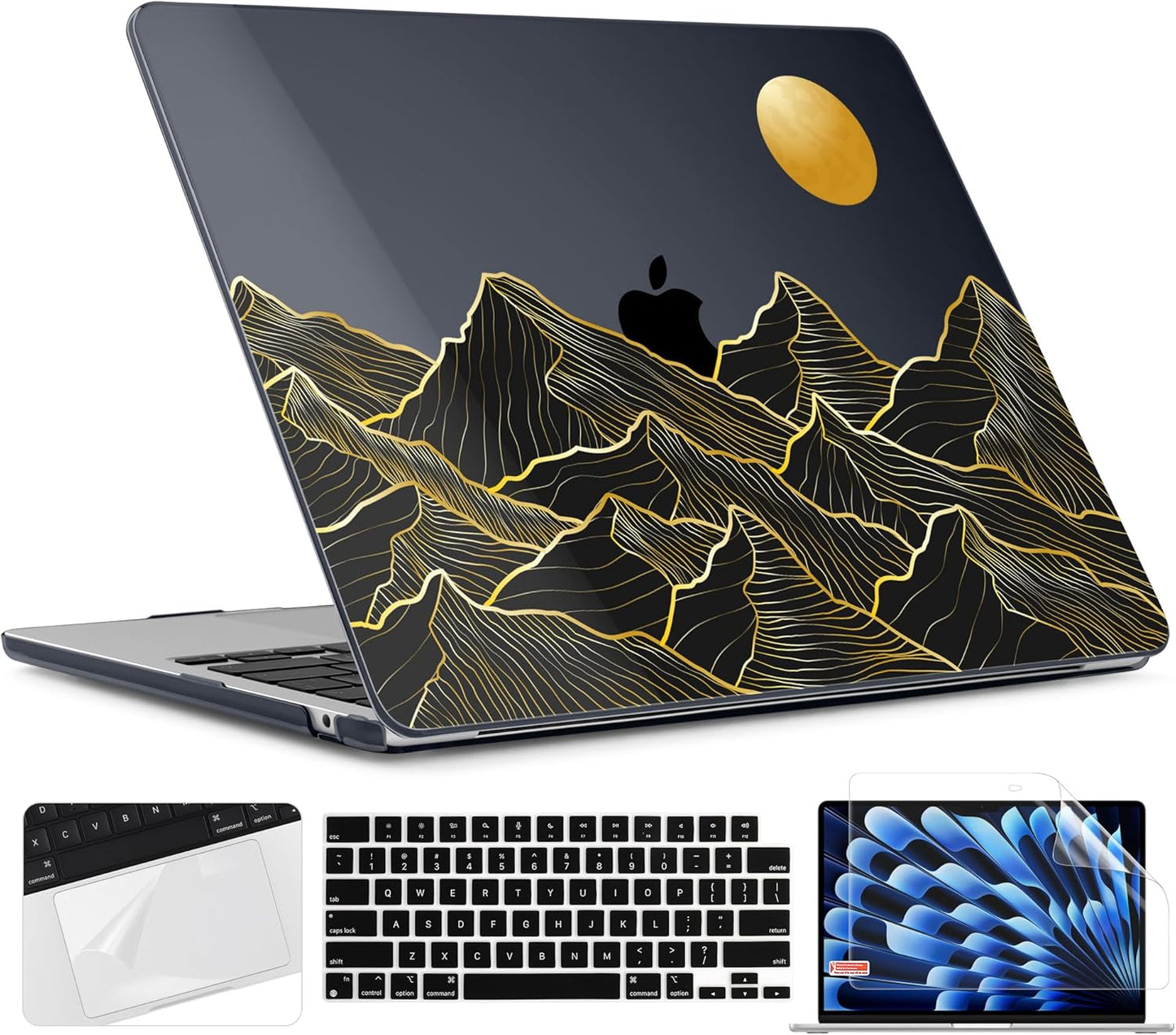 TWOLSKOO for M4 MacBook Air 13.6 inch Case 2025-2022 Release M4 A3240 M3 A3113 M2 A2681, Plastic Hard Shell & Screen Protector & Keyboard Cover & Trackpad Film, Golden Mountain