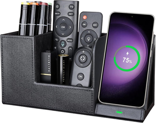 Wireless Charger with Desk Organizer, Wireless Charging Station for iPhone 13/13 Pro Max/13 Pro/12 Series/11/XS Max/XR/X/8Plus/SE 2, Wireless Charging Stand with Leather… (Black L)