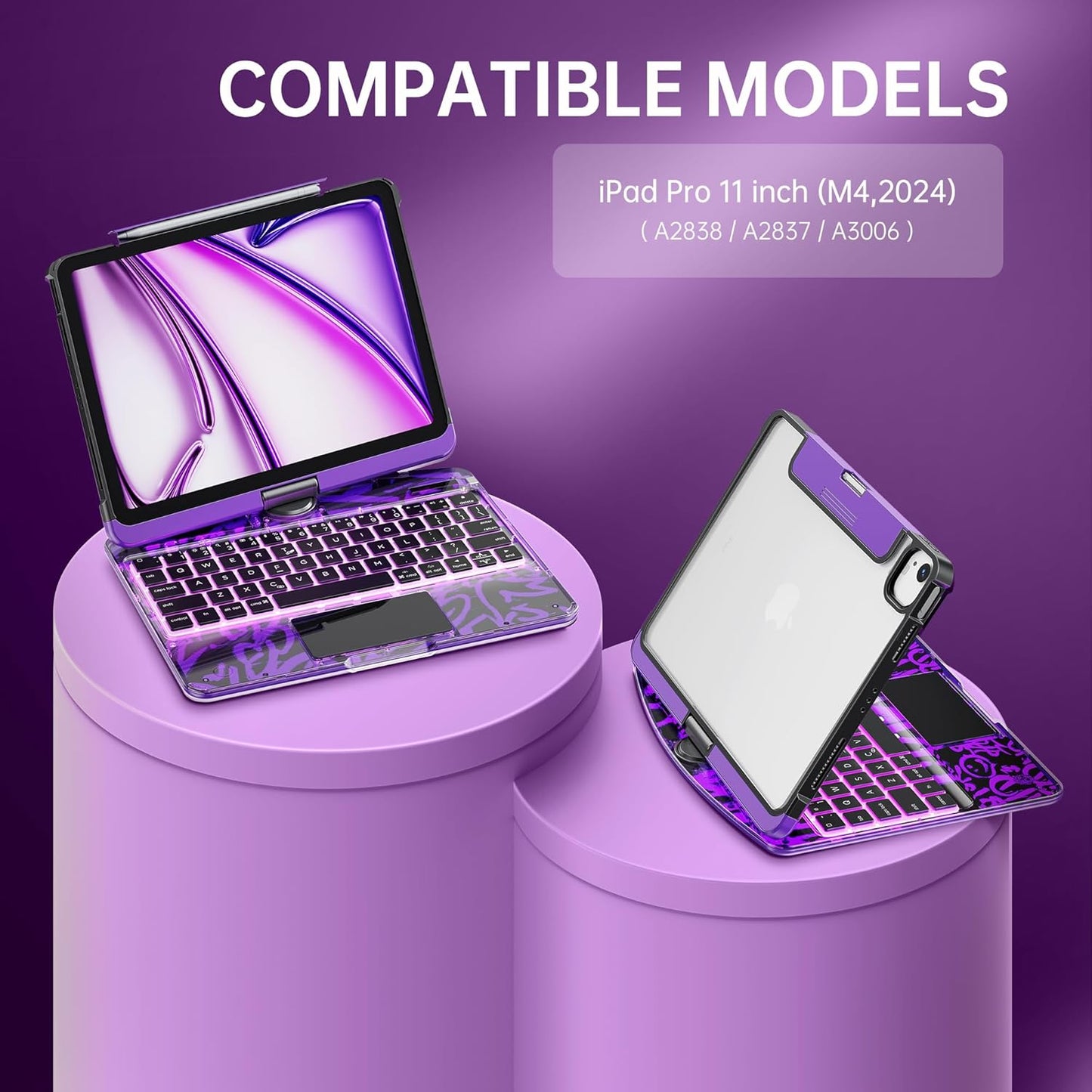 GUSGU Transparent Case with Wireless Keyboard only for 2024 iPad Pro 11-in.(M4), 7 Colors Backlight, Trackpad, 360°Rotating Stand for iPad Pro 11(5th Gen), Tech Style