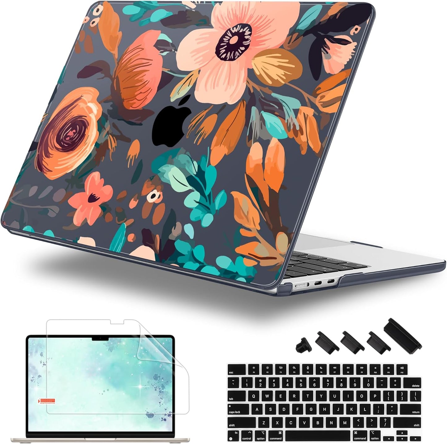 Case for MacBook Air 15 Inch 2025 2024 2023 Release M4 A3241 M3 A3114 M2 A2941, Hard Shell with Screen Protector & Keyboard Cover, Compatible with Touch ID, Florals Pattern