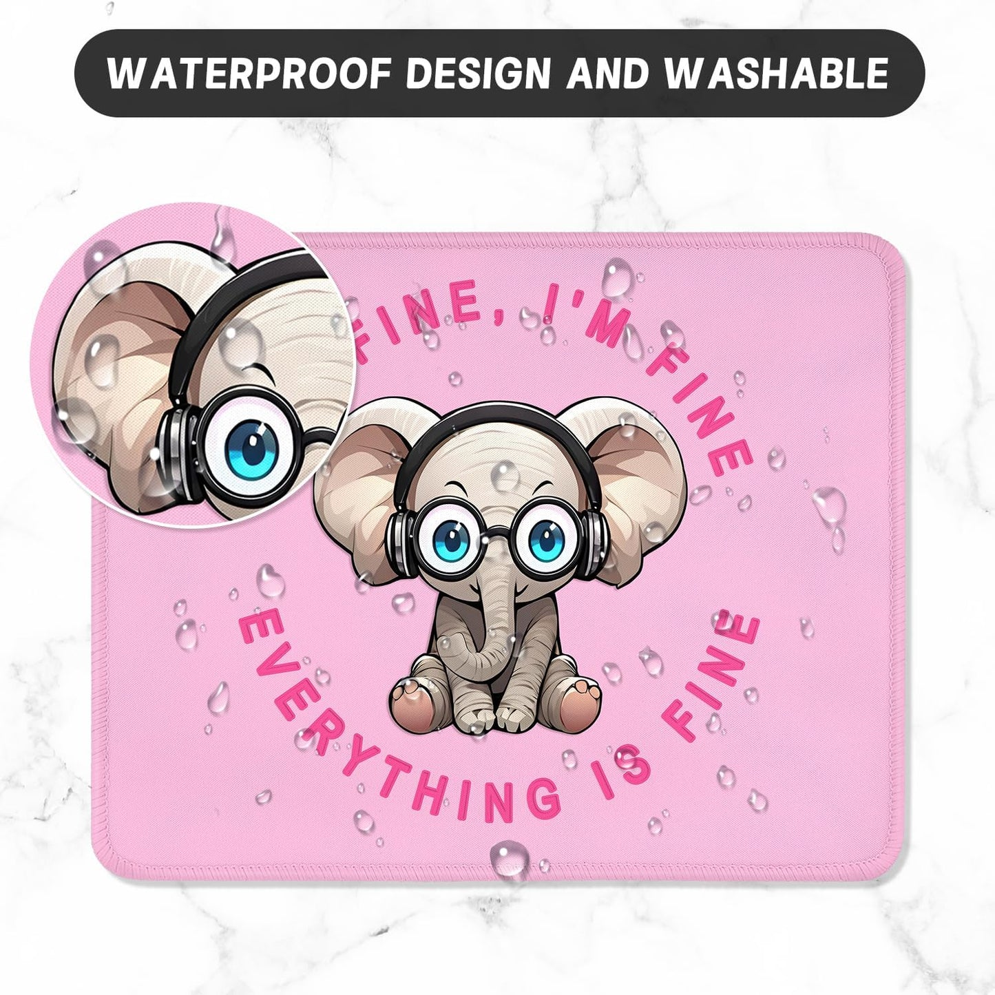ITNRSIIET Mouse Pad with Stitched Edge Premium Textured Smooth Precise Operation Waterproof Washable Non-Slip Rubber Base Desktop Protection Mat, 10.2×8.3×0.12 inches, Pink Pretty Elephant