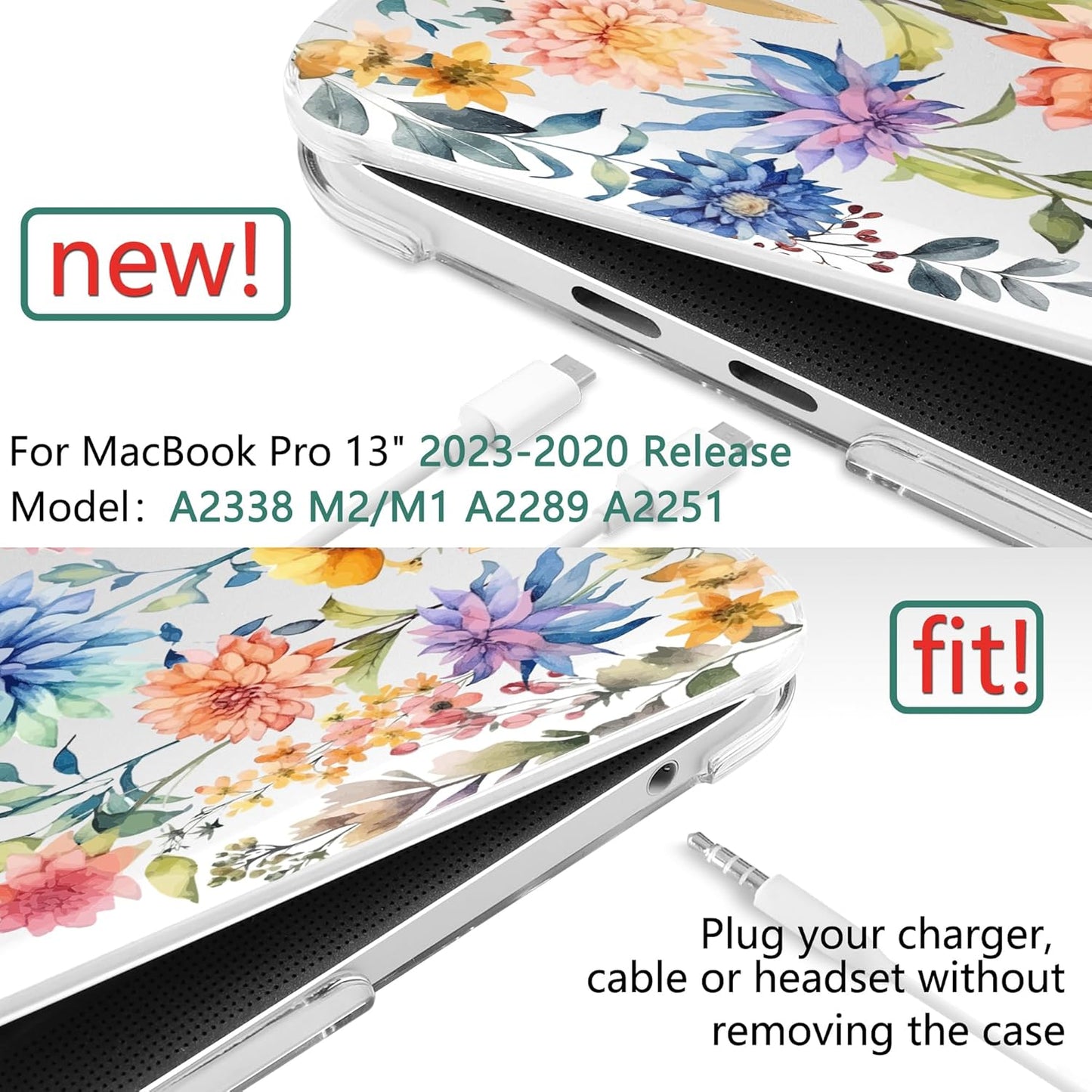 TWOLSKOO Compatible with MacBook Pro 13 inch Case 2023-2016 A2338 M2/M1 A2251 A2289 A2159 A1989 A1706, Plastic Hard Shell Cover & Keyboard Skin & Screen Protector - Beautiful Flowers
