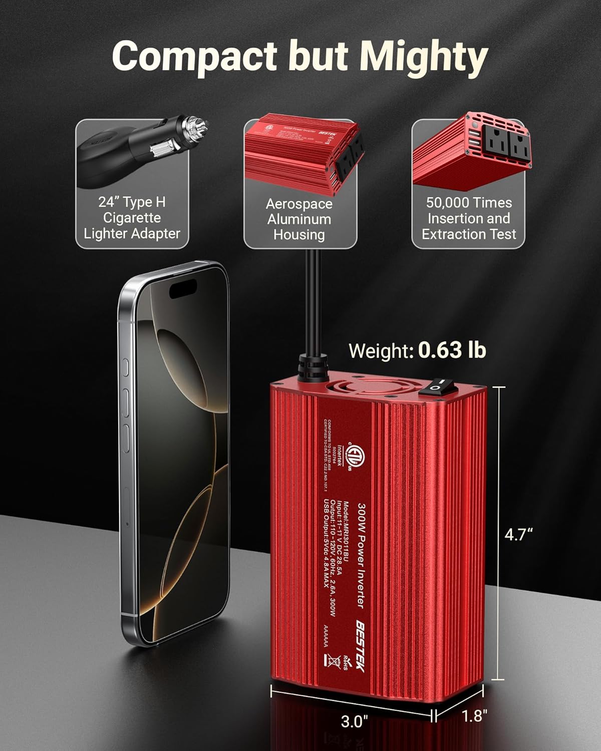 BESTEK Power Inverter DC 12V to AC 110V - 300W Car Plug Adapter Outlet with 4.8A Dual USB Fast Charging Port - Car Charger Cigarette Lighter Adapter for Phone, Laptop on Road Trip - Aluminum Housing