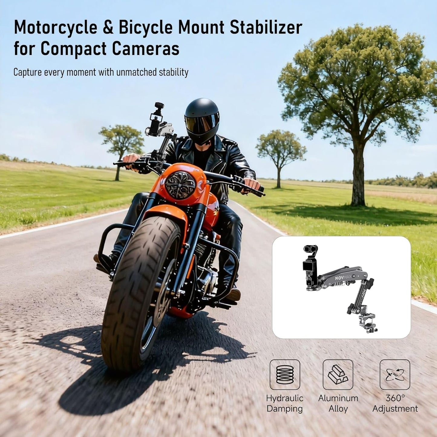 MOVMAX Blade Arm Bike Motorcycle Handlebar Mount Stabilizer, Camera Clamp Mount Shock Absorber for DJI Osmo Pocket 3, Insta 360, GoPro Hero Cameras w Ball Head, Pocket 3 Accessories