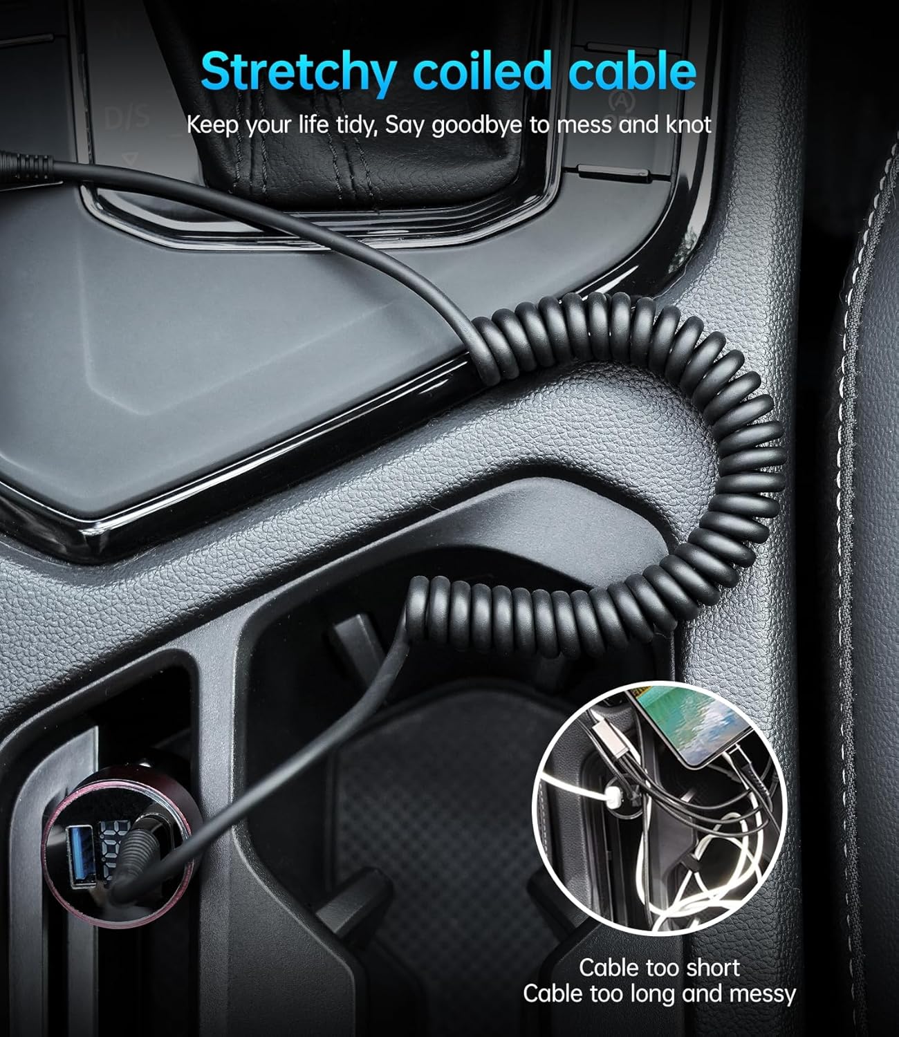 Coiled USB C to C Cable 100W 3FT for Car, Coiled USB C Cable for iPhone 16, Short USB Type C Fast Charging Cable for iPhone 15/Pro Max/Plus/Samsung Galaxy S23, Compatible All Type C Devices -Black