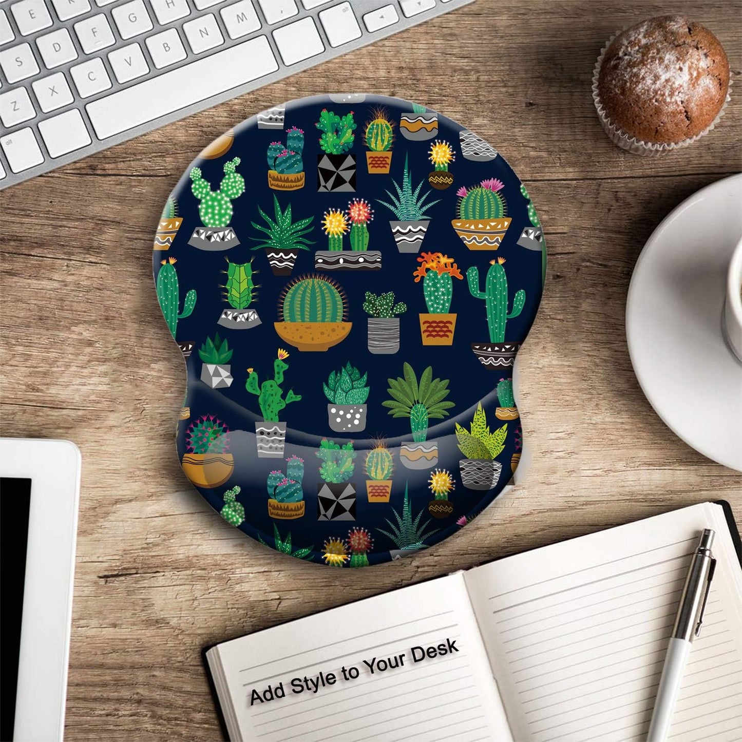 ITNRSIIET Ergonomic Mouse Pad with Gel Wrist Support Small Wrist Rest Smooth Surface Non-Slip PU Base Comfortable Office Supplies Pain Relief, 8.7 x 7.2 inches, Cute Cactus with Black Design
