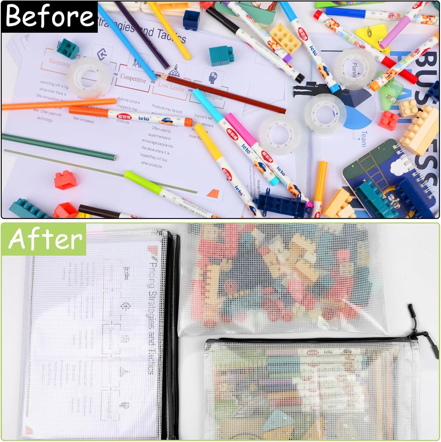 24pcs Mesh Zipper Pouches, A3 Size Waterproof Black Zipper Bags, Water-Resistant Plastic Zipper Pouch for School Office Supplies, Puzzles & Games Organizing Storage