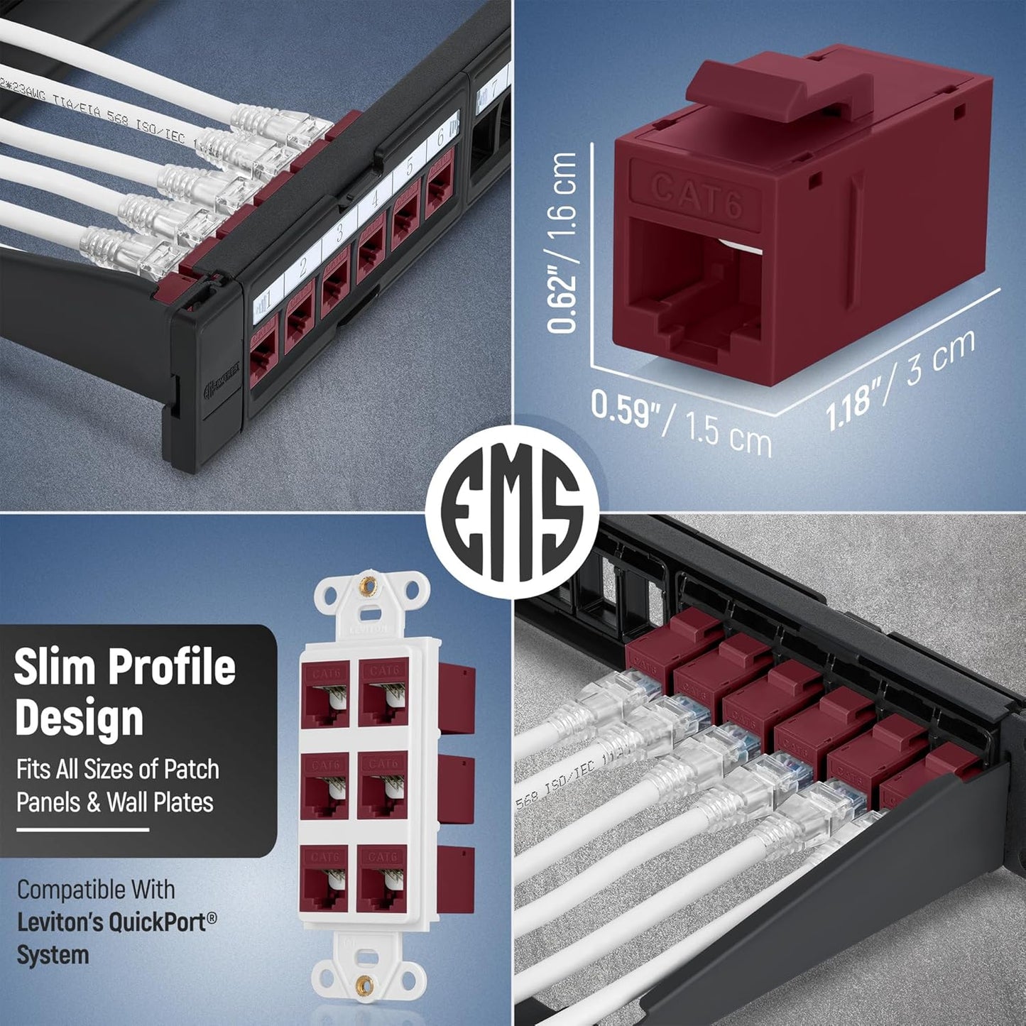 Everest RJ45 CAT6 Keystone Coupler in Red (6-Pack) - RJ45 Coupler - Cat6 Keystone Jacks