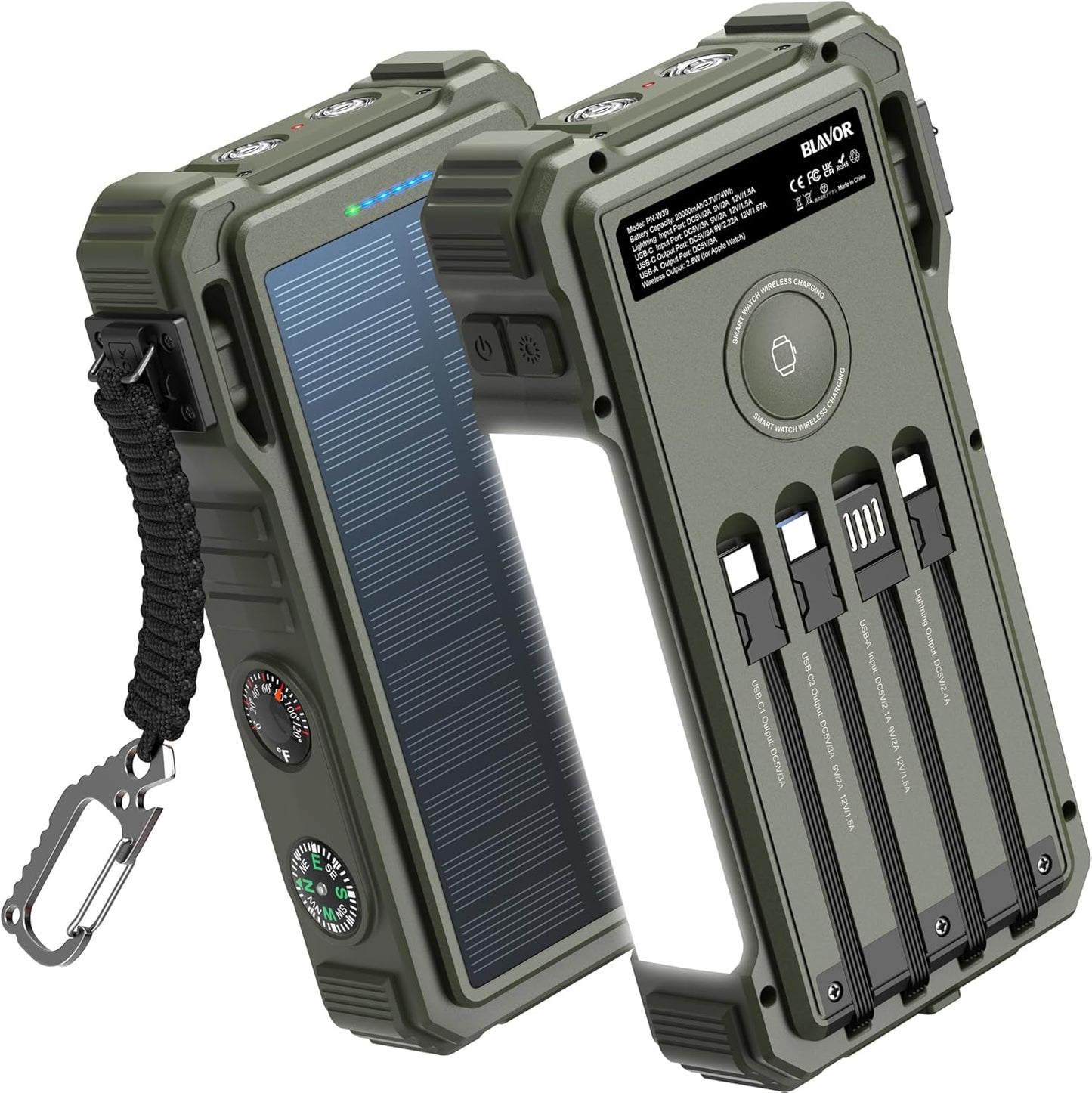 BLAVOR Solar Power Bank 20000mAh/74000mWh Built-in Cables, Wireless Charger for Apple Watch, 20W Fast Charging Battery Pack with USB C, Flashlight, Solar Charger for iPhone, iPad, iWatch, Samsung