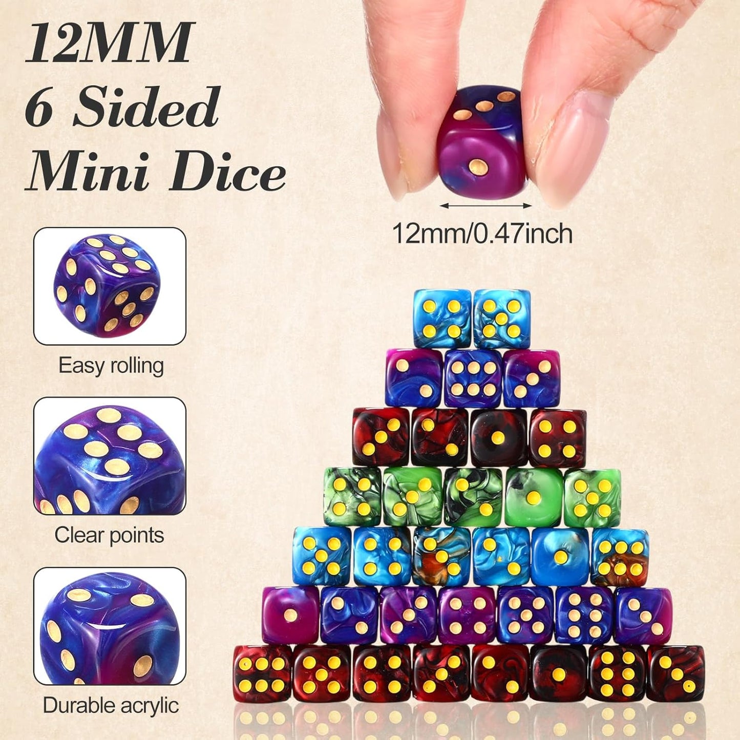 144 Pieces 12mm 6 Sided Mini Dice Set for School Classroom Table Games D6 Game Standard Dice with Portable Plastic Box for Teaching Math Learning